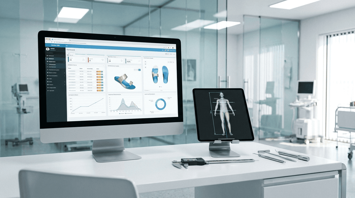 Monitor and tablet showing a medical 3D scan and order workflow