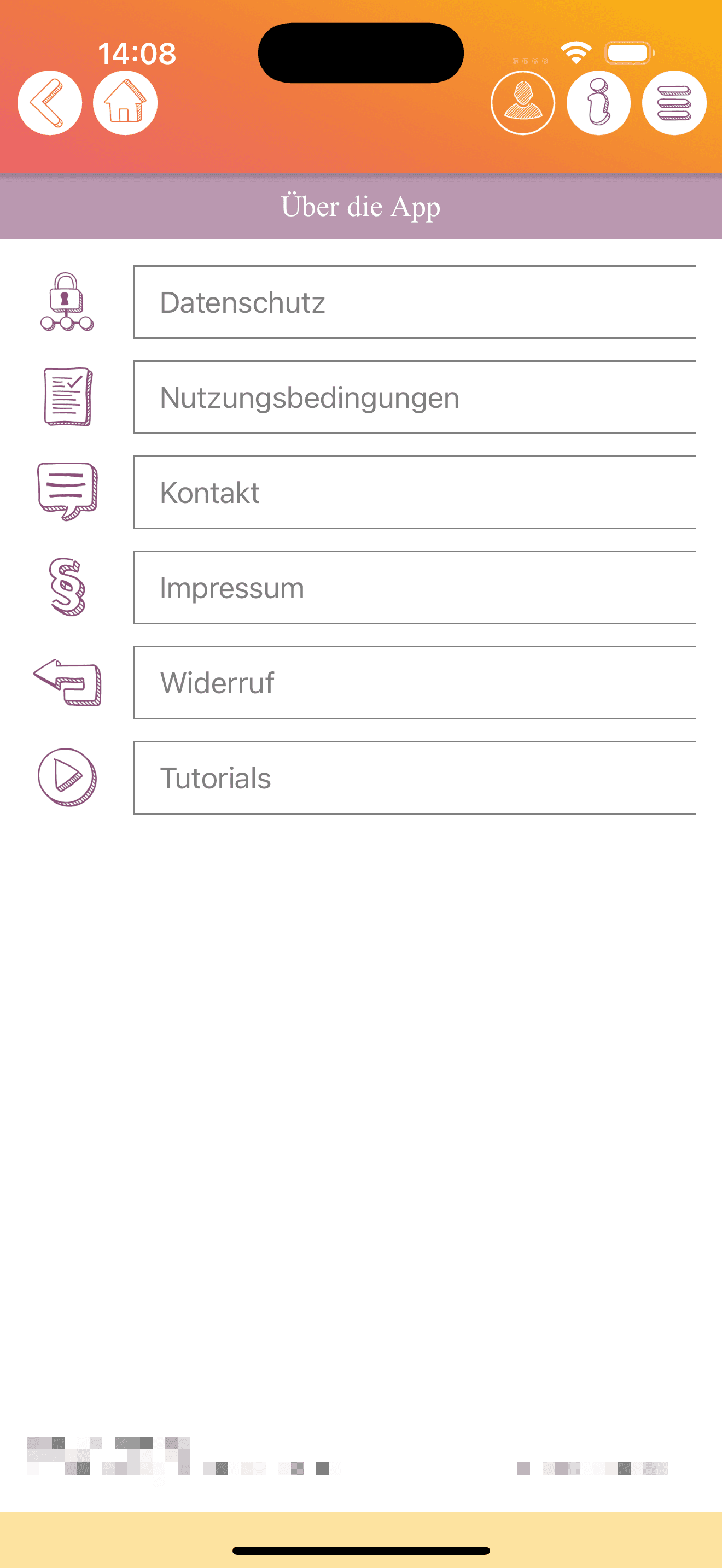 Anonymisierte iOS-About-Ansicht mit Datenschutz Nutzungsbedingungen Kontakt Impressum Widerruf und Tutorials