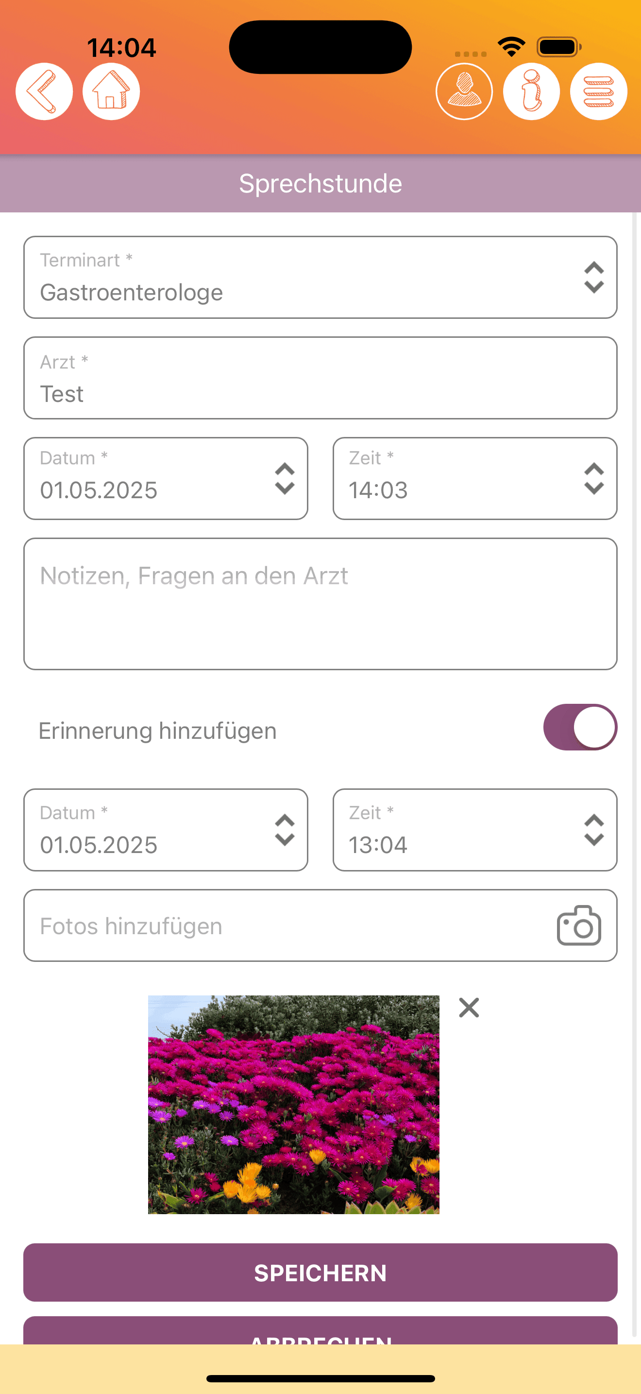 Anonymisierte iOS-Sprechstunde-Ansicht mit Datum Uhrzeit Arzt Bildern und Benachrichtigungen
