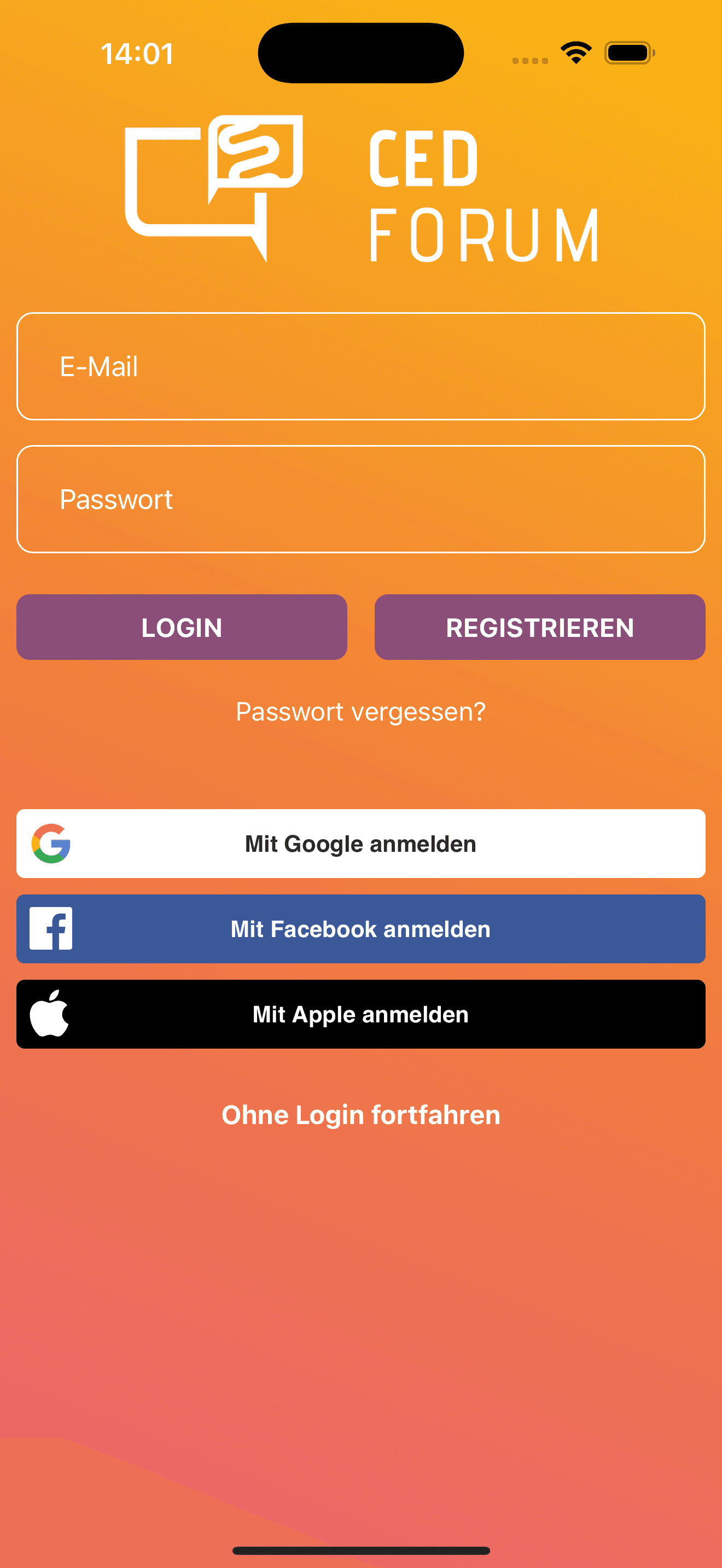 Anonymisierte iOS-Startansicht mit E-Mail Google Facebook Apple und ohne Login