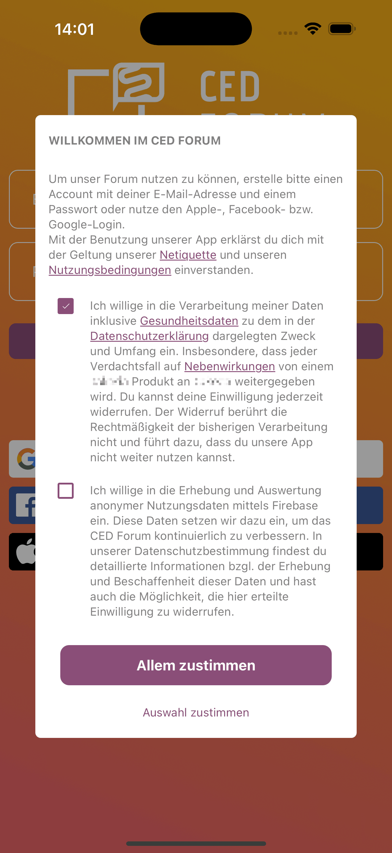Anonymisierte iOS-Consent-Ansicht mit Datenschutz und Nutzungsbedingungen