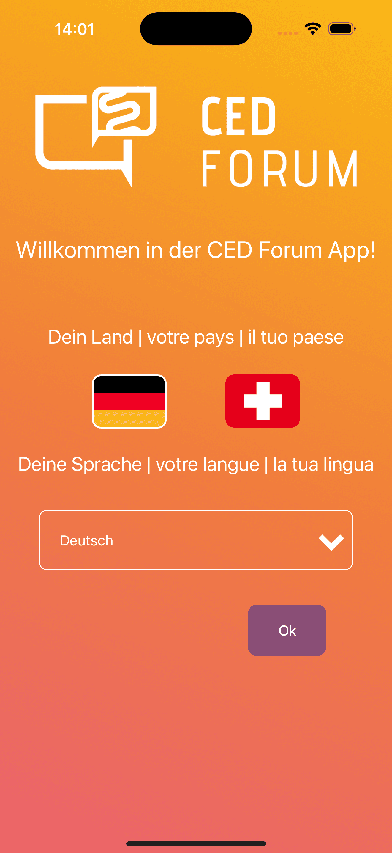 Anonymisierte iOS-Länder- und Sprachauswahl einer CED-Patienten-Community-App