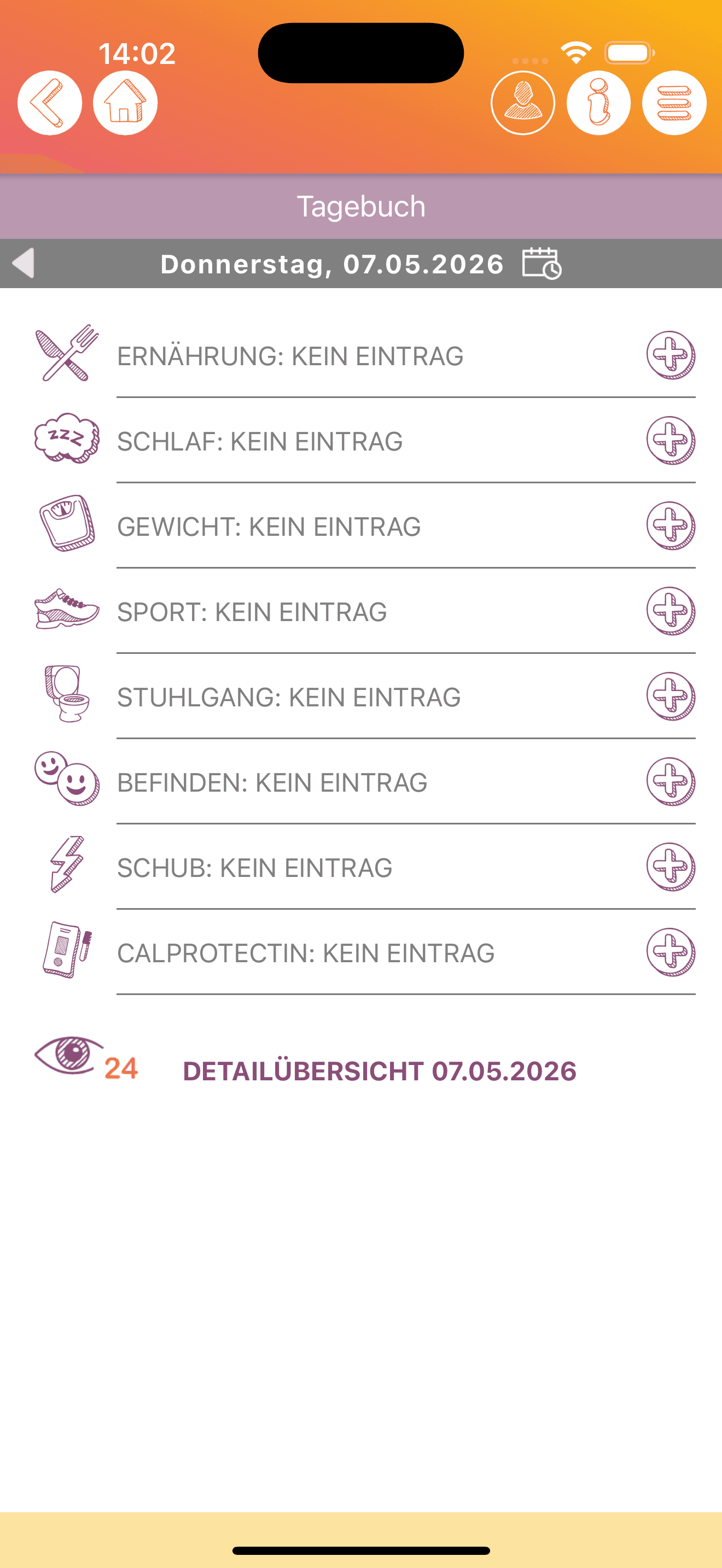 Anonymisierte iOS-Tagebuch-Ansicht mit Ernährung Schlaf Gewicht Sport Stuhlgang Befinden Schub und Calprotectin