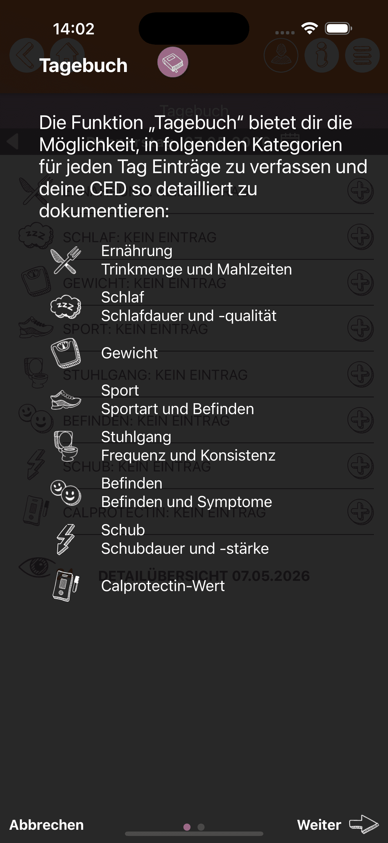 Anonymisierte iOS-Tagebuch-Ansicht mit Tutorial-Inhalt