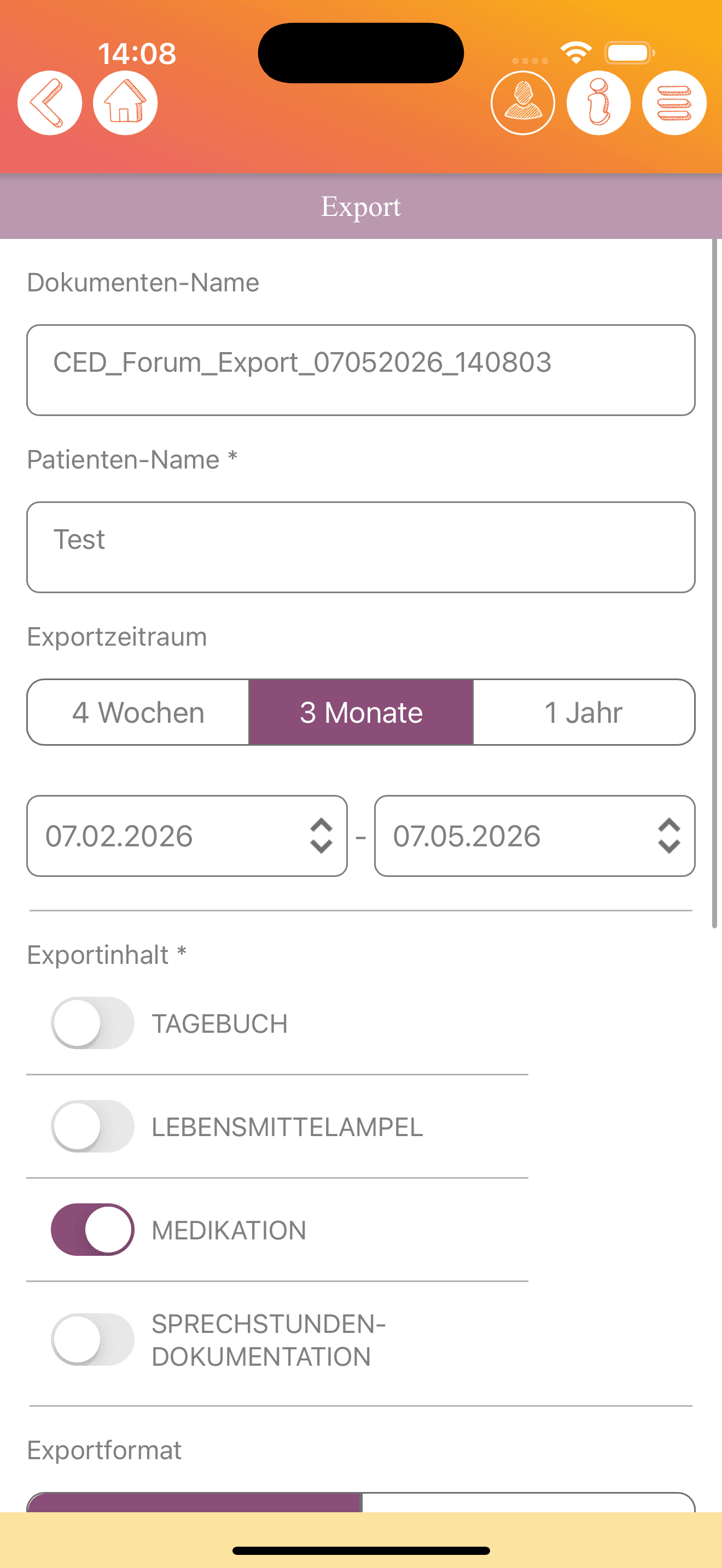 Anonymisierte iOS-Export-Ansicht mit Zeitraum Daten Passwort PDF und Excel