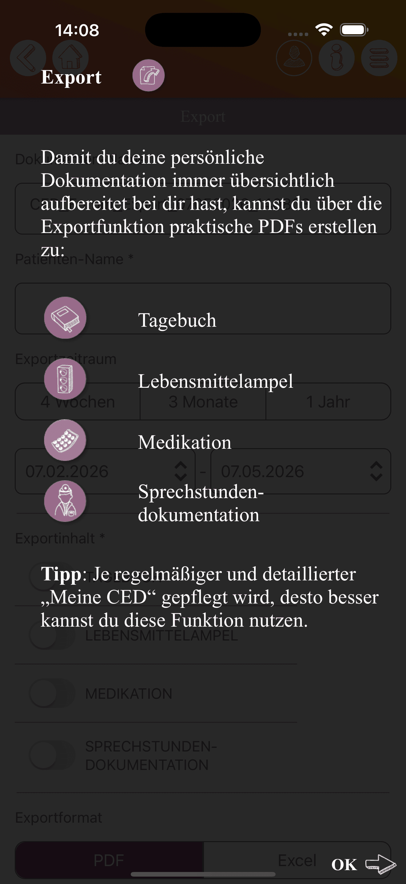 Anonymisierte iOS-Export-Ansicht mit Tutorial-Erklärung
