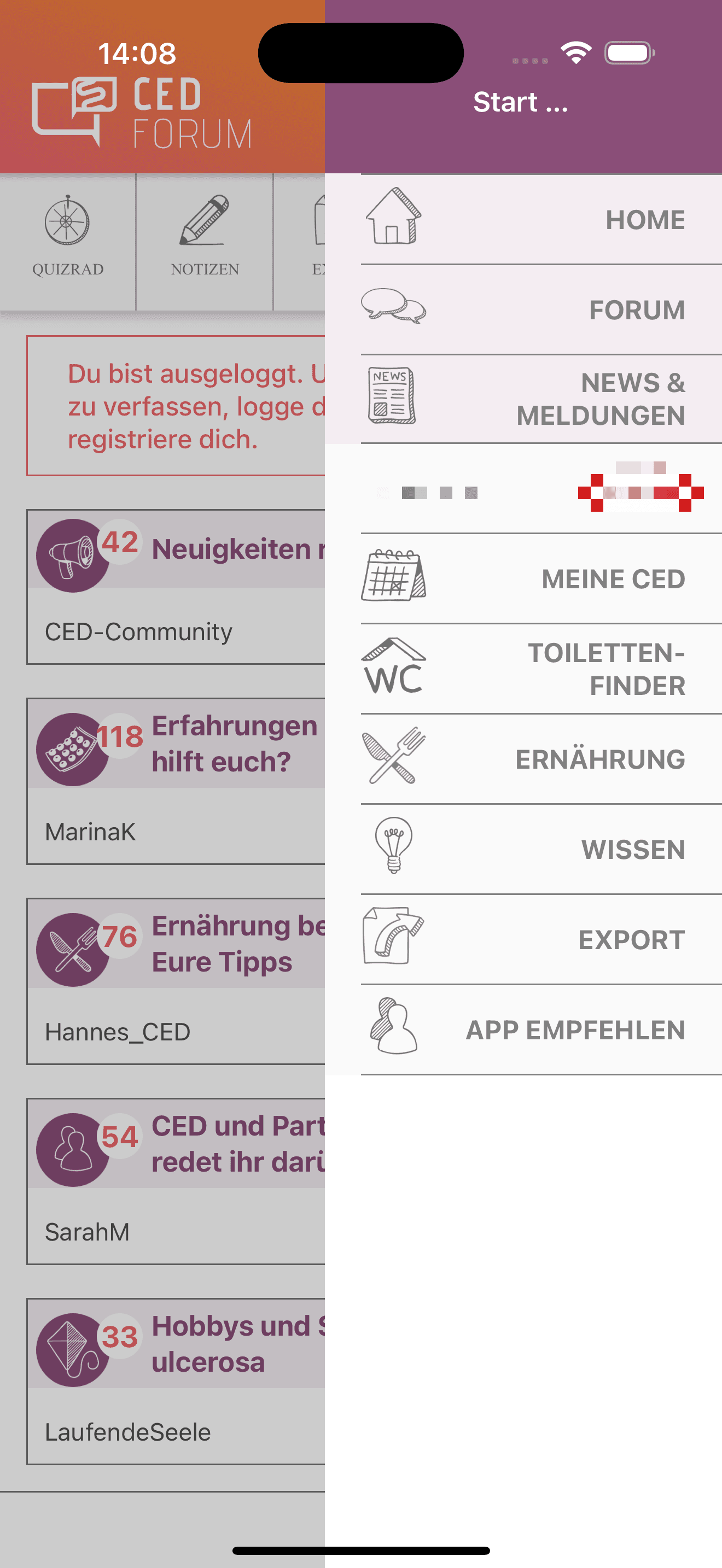 Anonymisierte iOS-Home-Ansicht mit geöffnetem Seitenmenü