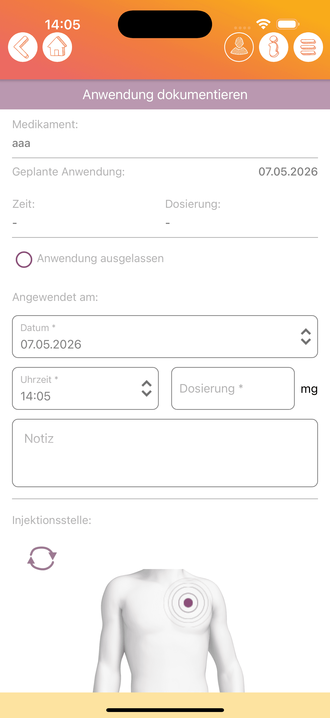 Anonymisierte iOS-Anwendung-dokumentieren-Ansicht mit Injektionsposition am Körper