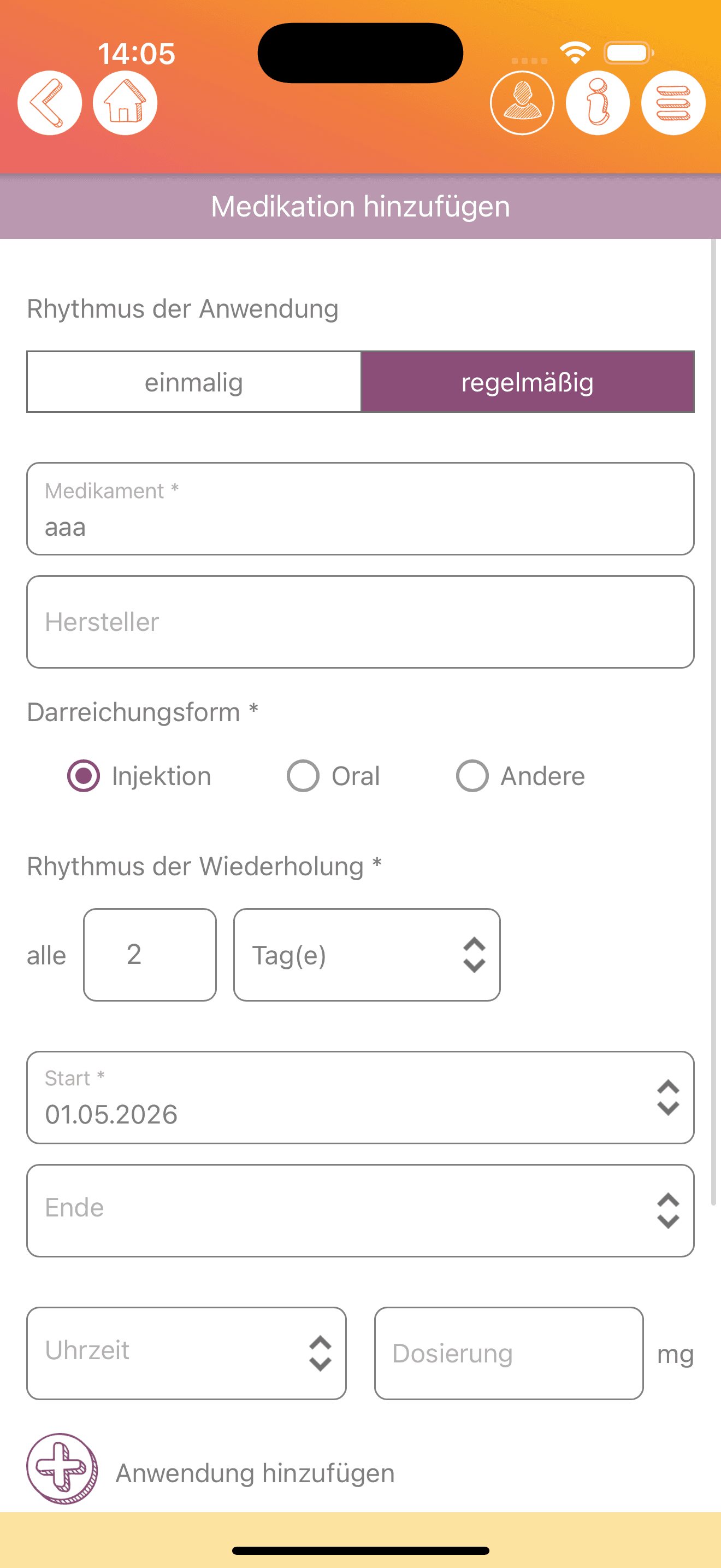 Anonymisierte iOS-Medikation-hinzufuegen-Ansicht mit einmalig regelmäßig Rhythmus Benachrichtigung und Medikationsart