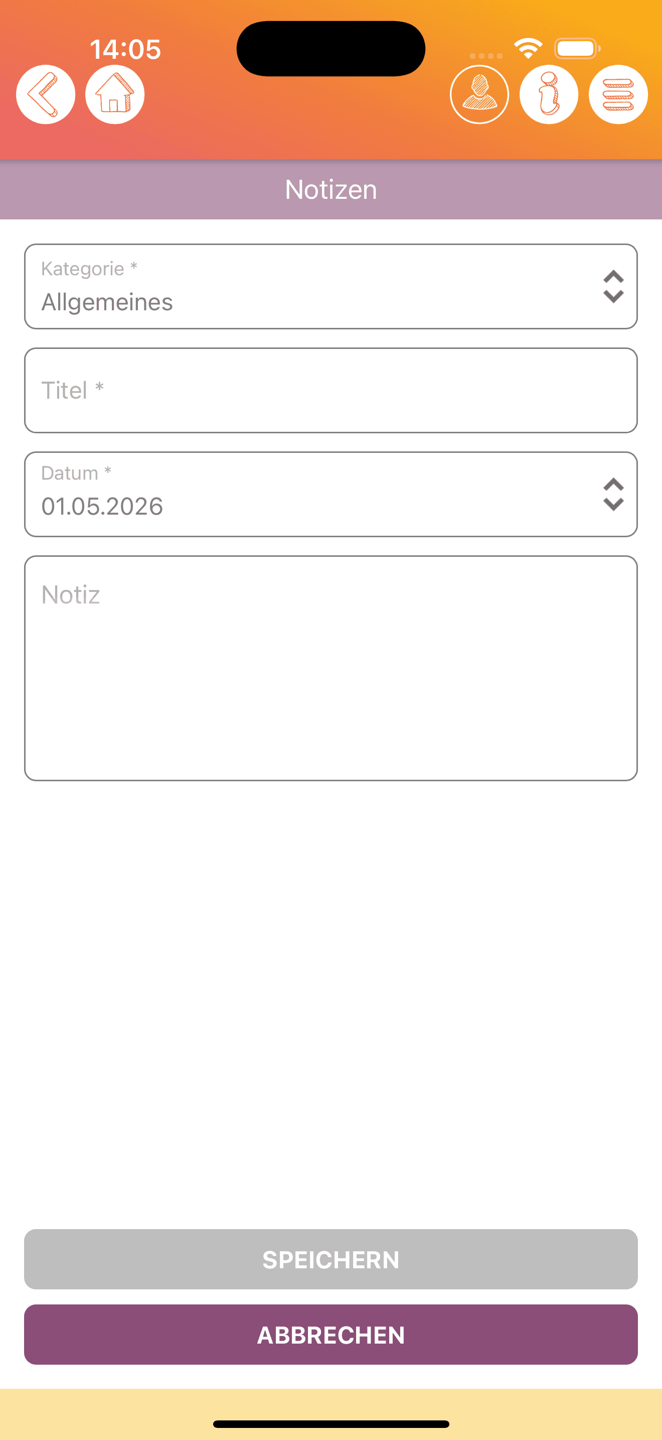 Anonymisierte iOS-Notizen-Ansicht mit Kategorie Titel Datum und Notiz