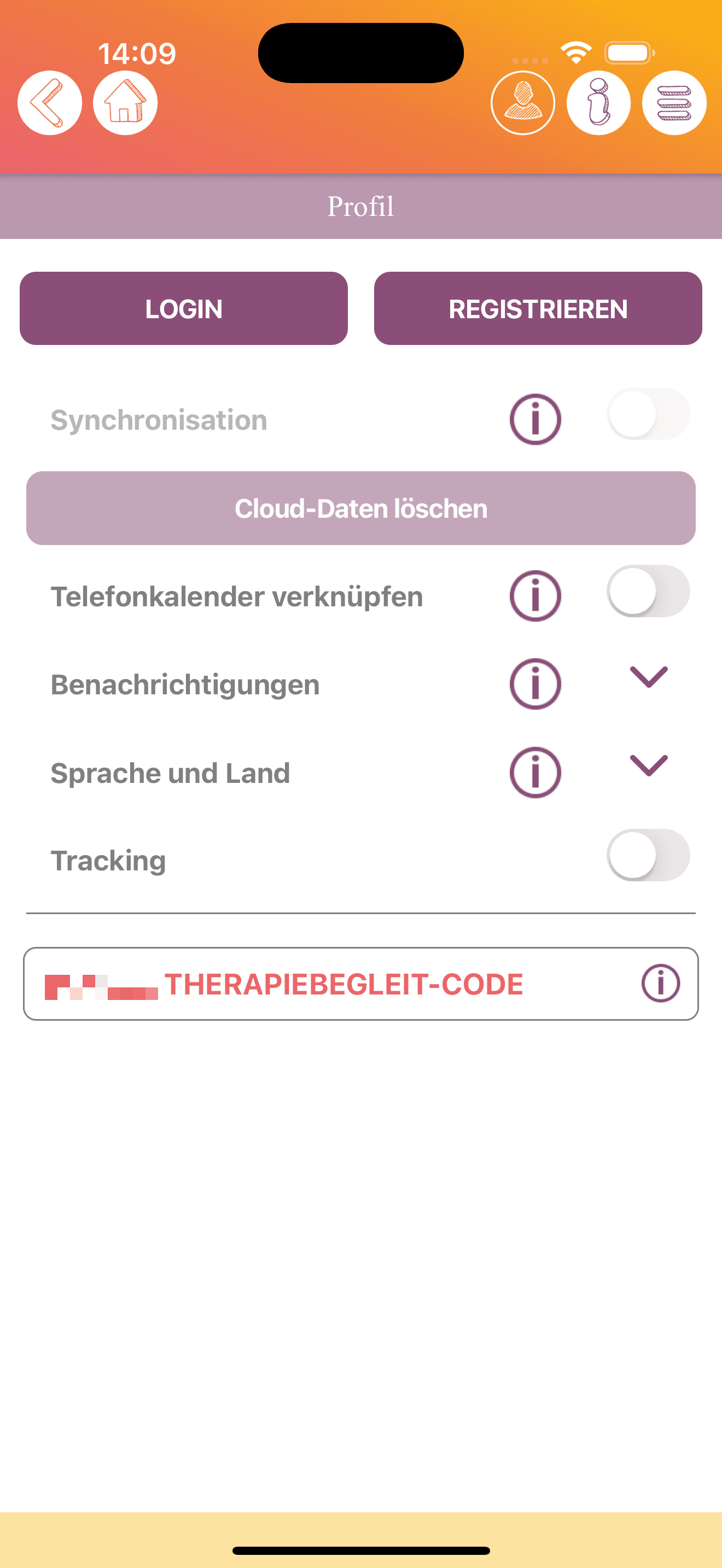 Anonymisierte iOS-Profilansicht mit Login Registrierung Sync Benachrichtigungen und Tracking