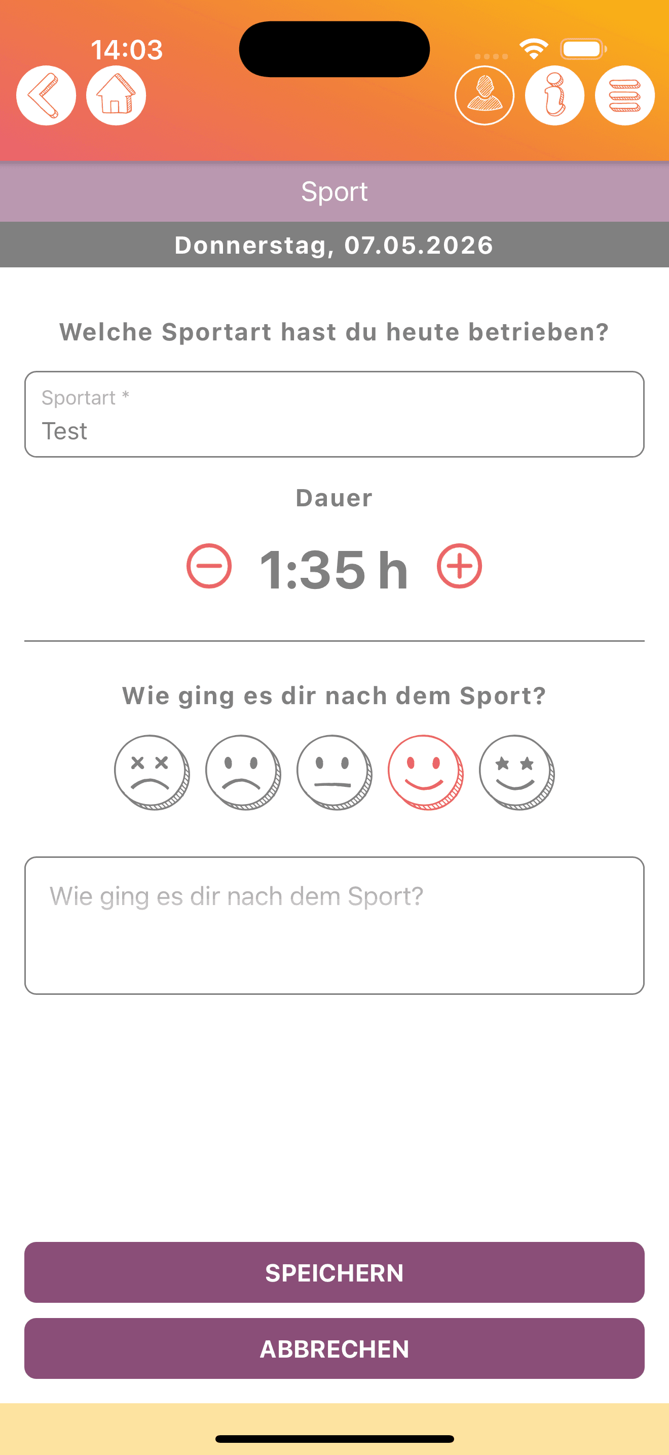 Anonymisierte iOS-Sport-Eintragsansicht zur Dokumentation von Bewegungszeit und Details