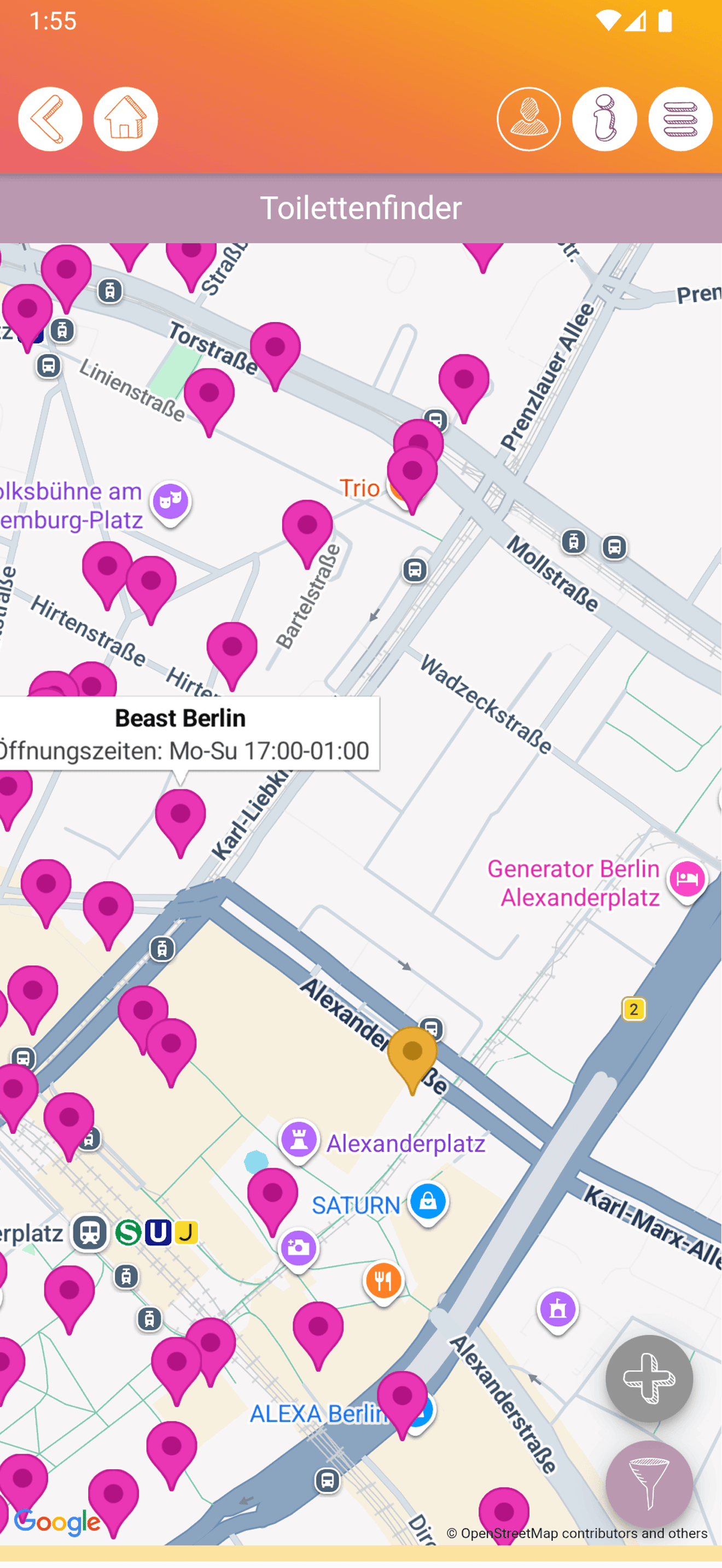 Anonymisierte iOS-Toilettenfinder-Karte mit aktuellem Standort Toiletten in der Nähe und Öffnungszeiten