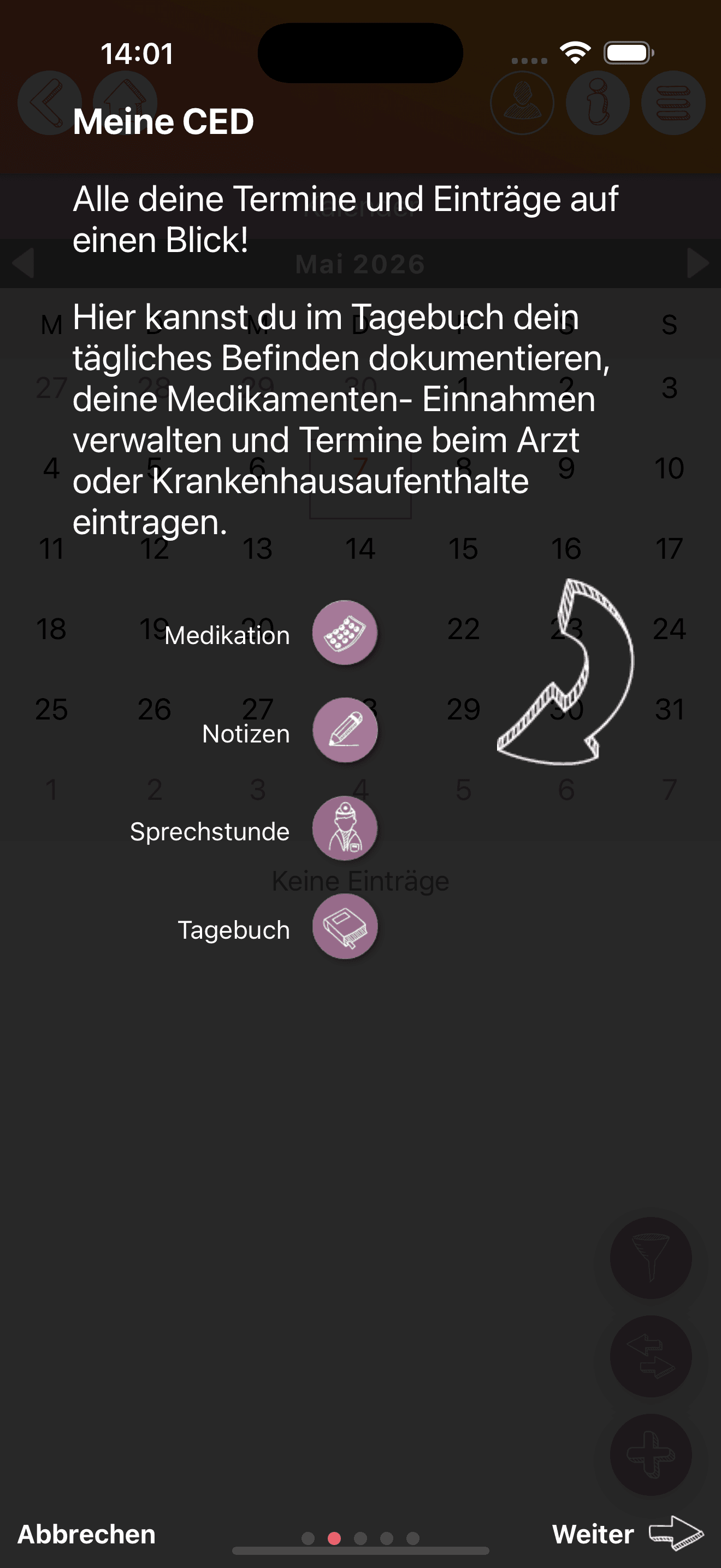 Anonymisierte iOS-Tutorial-Ansicht zur Kalender-Erklärung