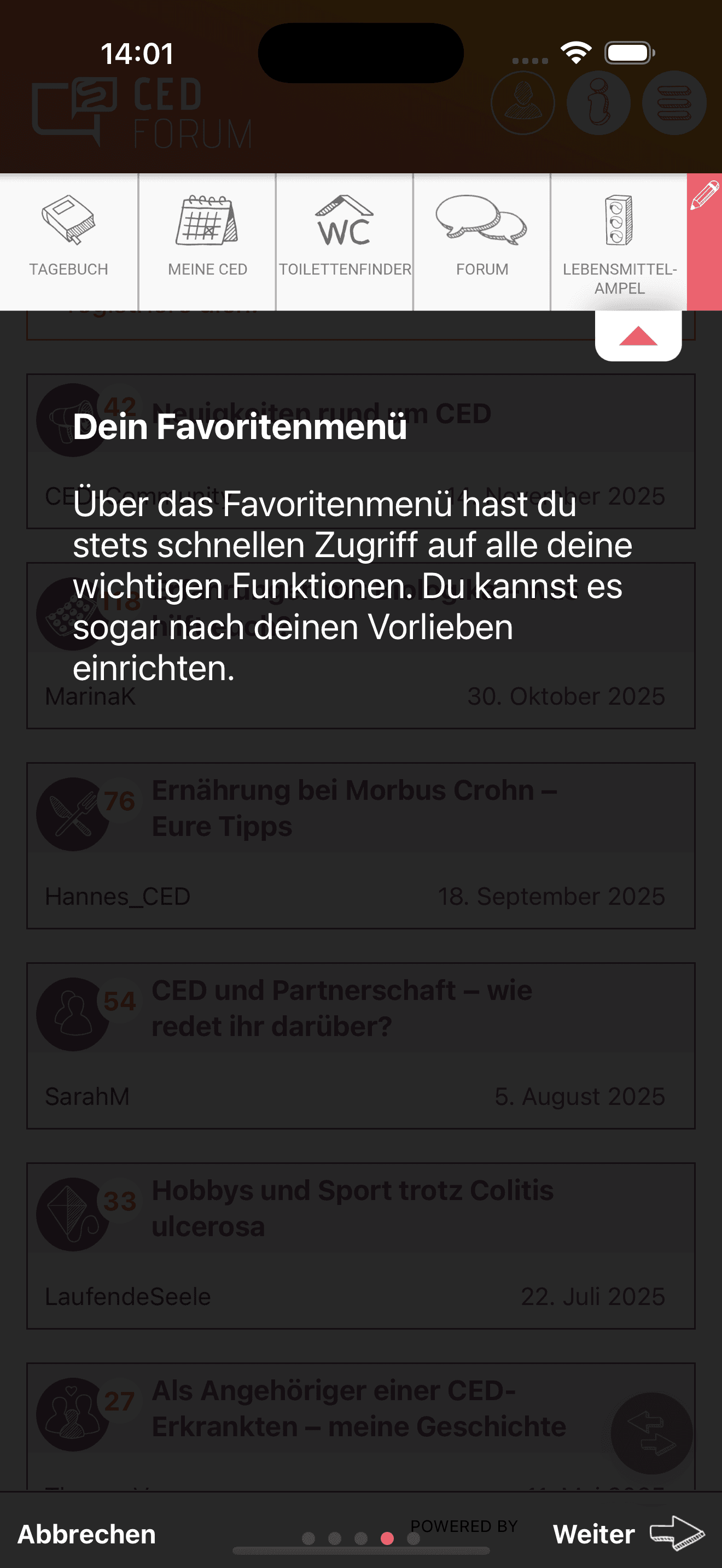 Anonymisierte iOS-Tutorial-Ansicht zum anpassbaren Favoritenmenü