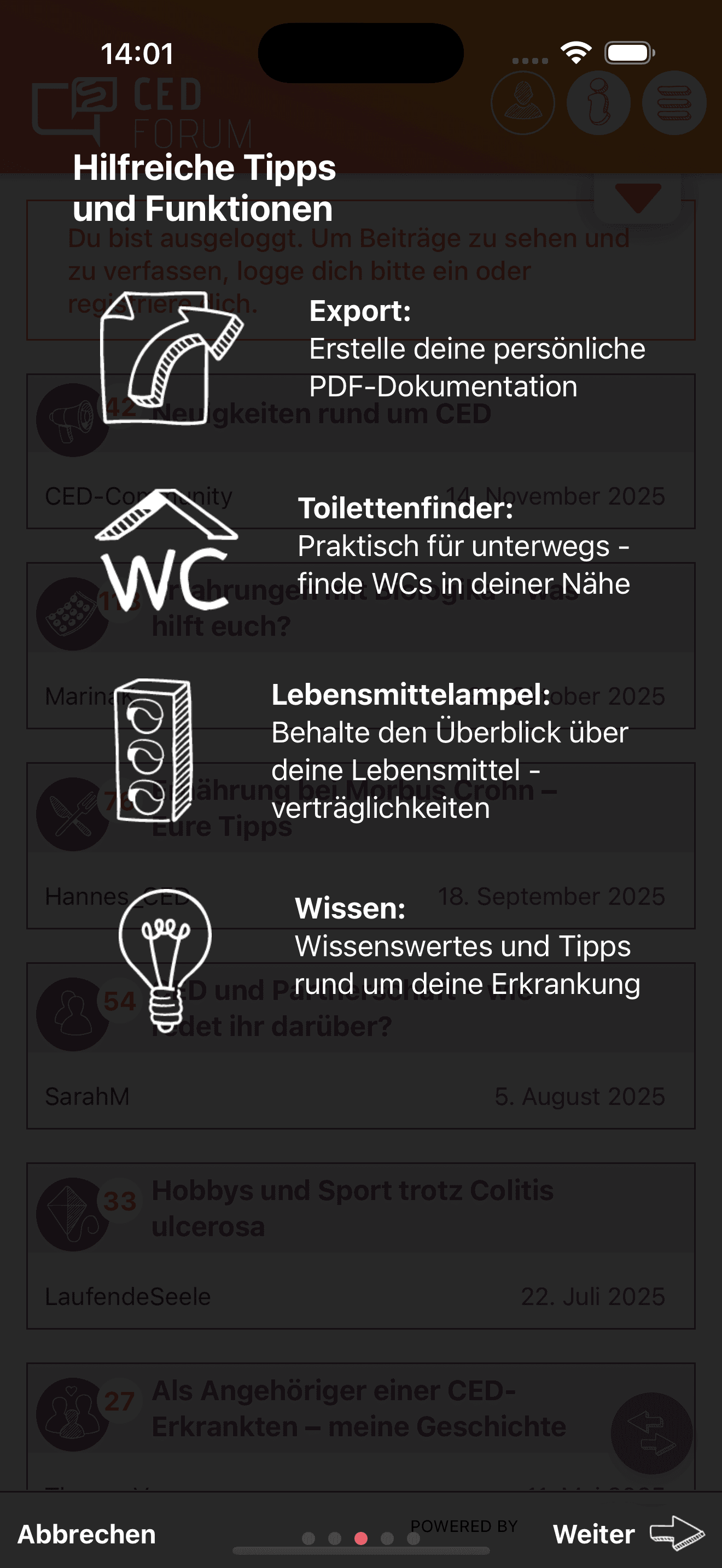 Anonymisierte iOS-Tutorial-Ansicht zu Export Toilettenfinder Lebensmittelampel und Wissen
