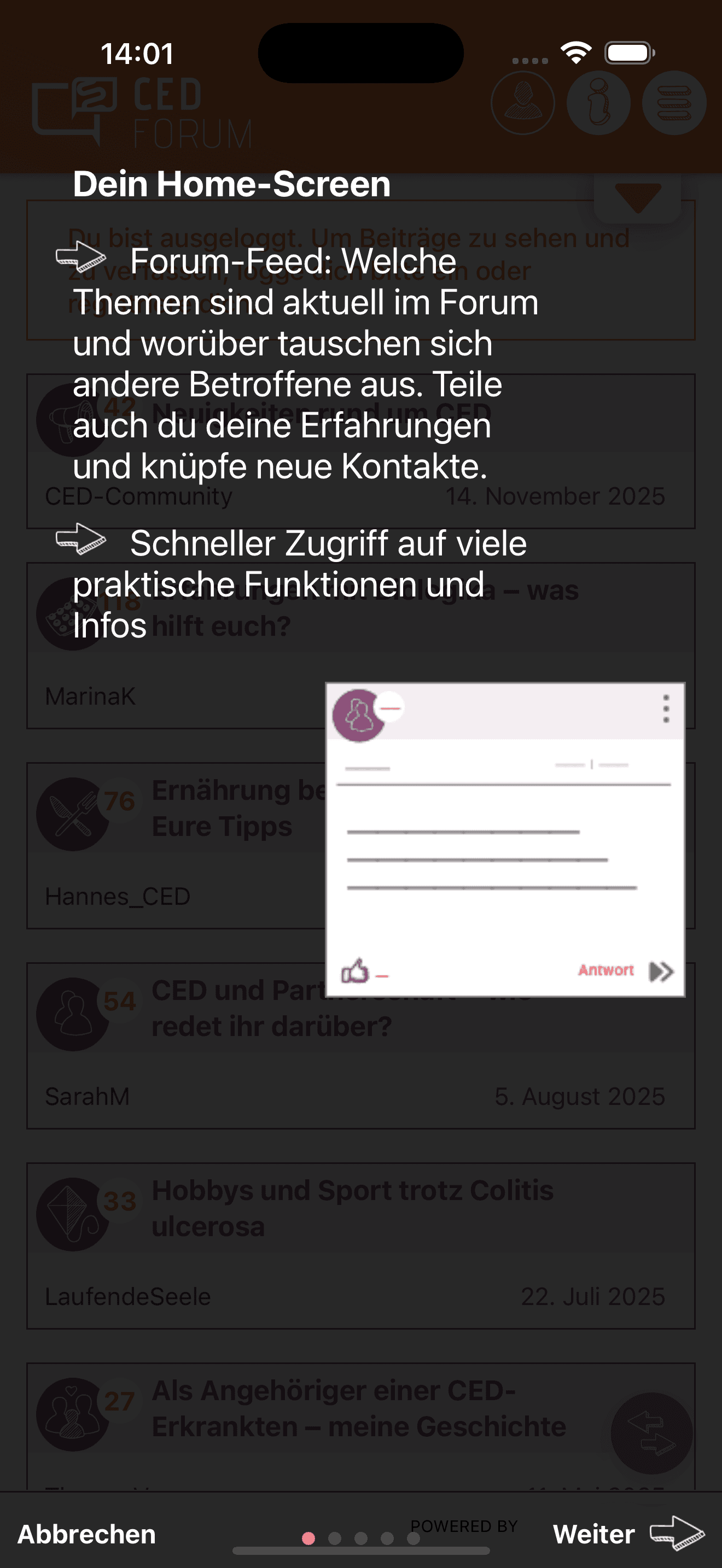 Anonymisierte iOS-Tutorial-Ansicht zur Erklärung des Home-Bereichs