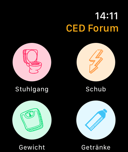 Anonymisierte Apple-Watch-Home-Ansicht mit Stuhlgang Schub Gewicht und Getränke