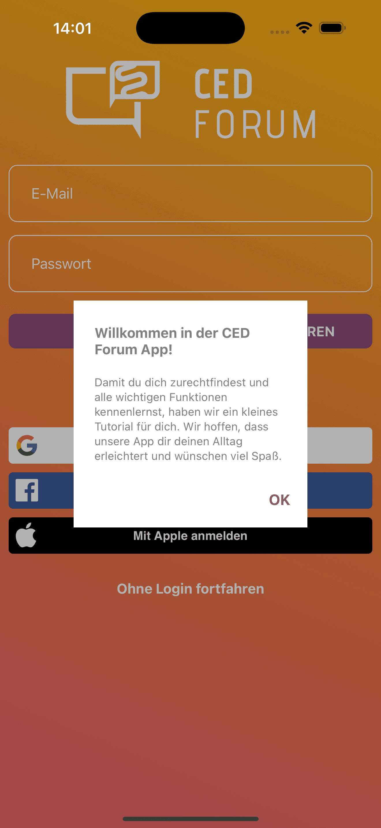 Anonymisierte iOS-Willkommensansicht mit Hinweis auf Tutorial