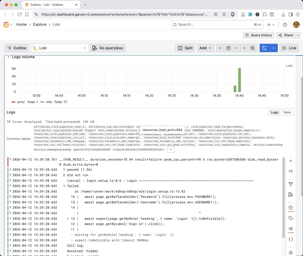Loki Log Ansicht mit Raw Logs für einen fehlgeschlagenen CI Task