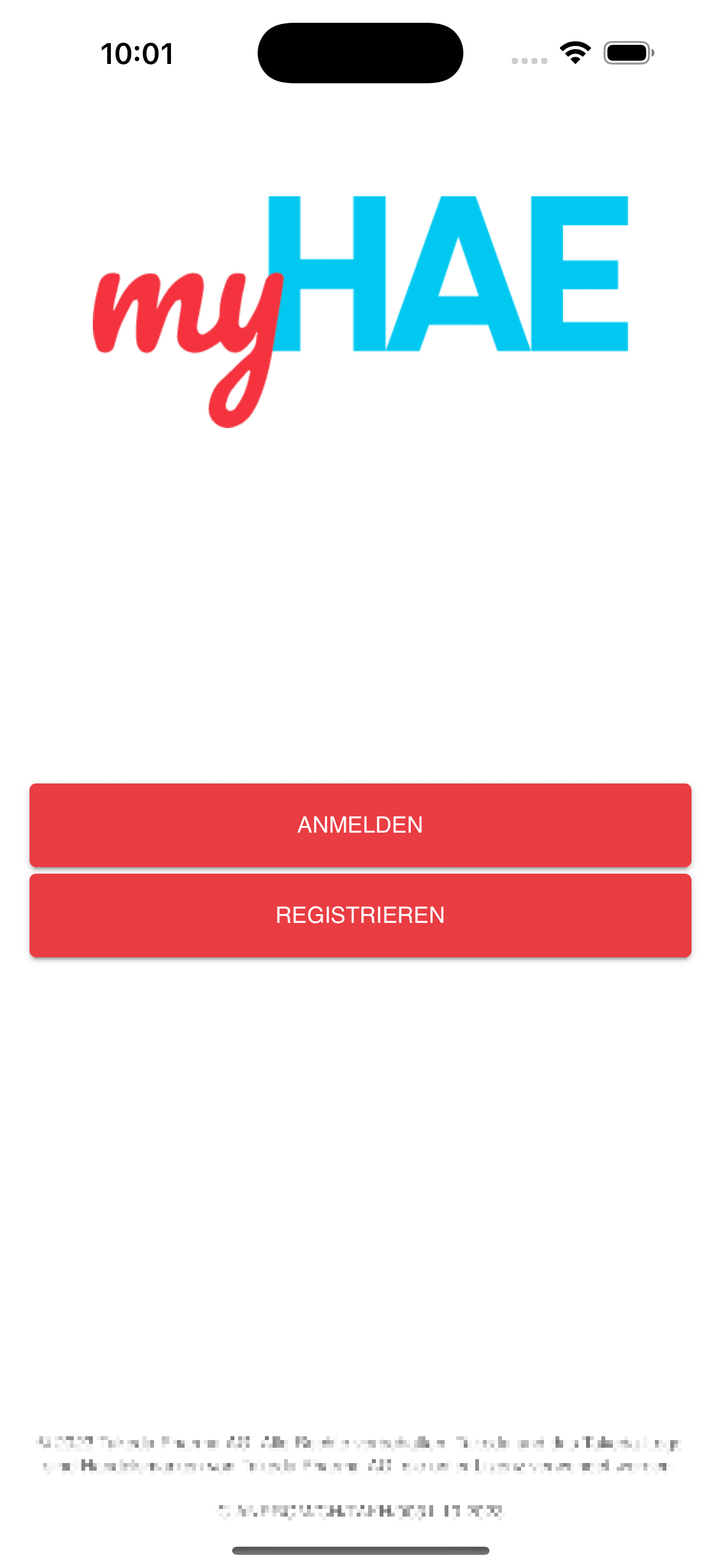 Anonymisierte iOS-Login- und Registrierungsansicht einer HAE-Patiententagebuch-App