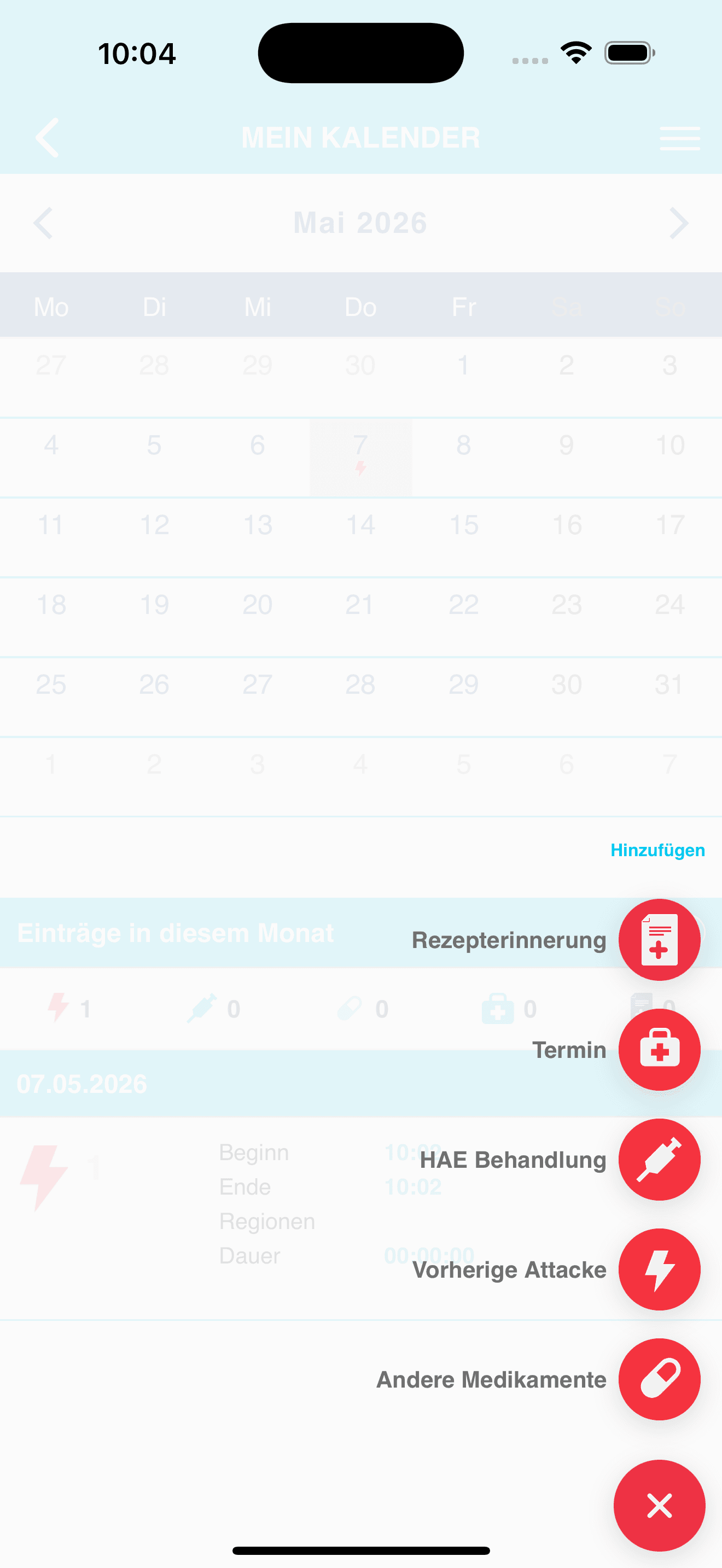 Anonymisierte iOS-Kalender-Auswahlliste mit Rezept Termin Behandlung Attacke und anderem Medikament
