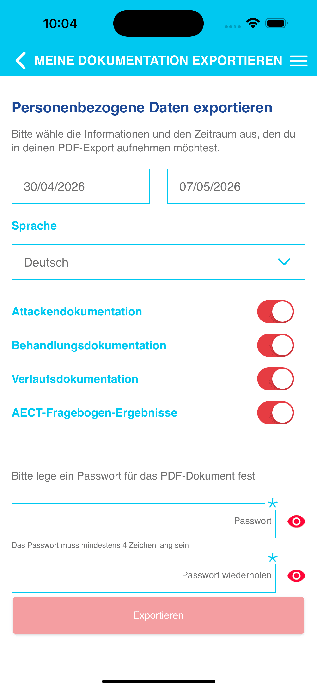 Anonymisierte iOS-Exportansicht für Patiententagebuch-Dokumentation