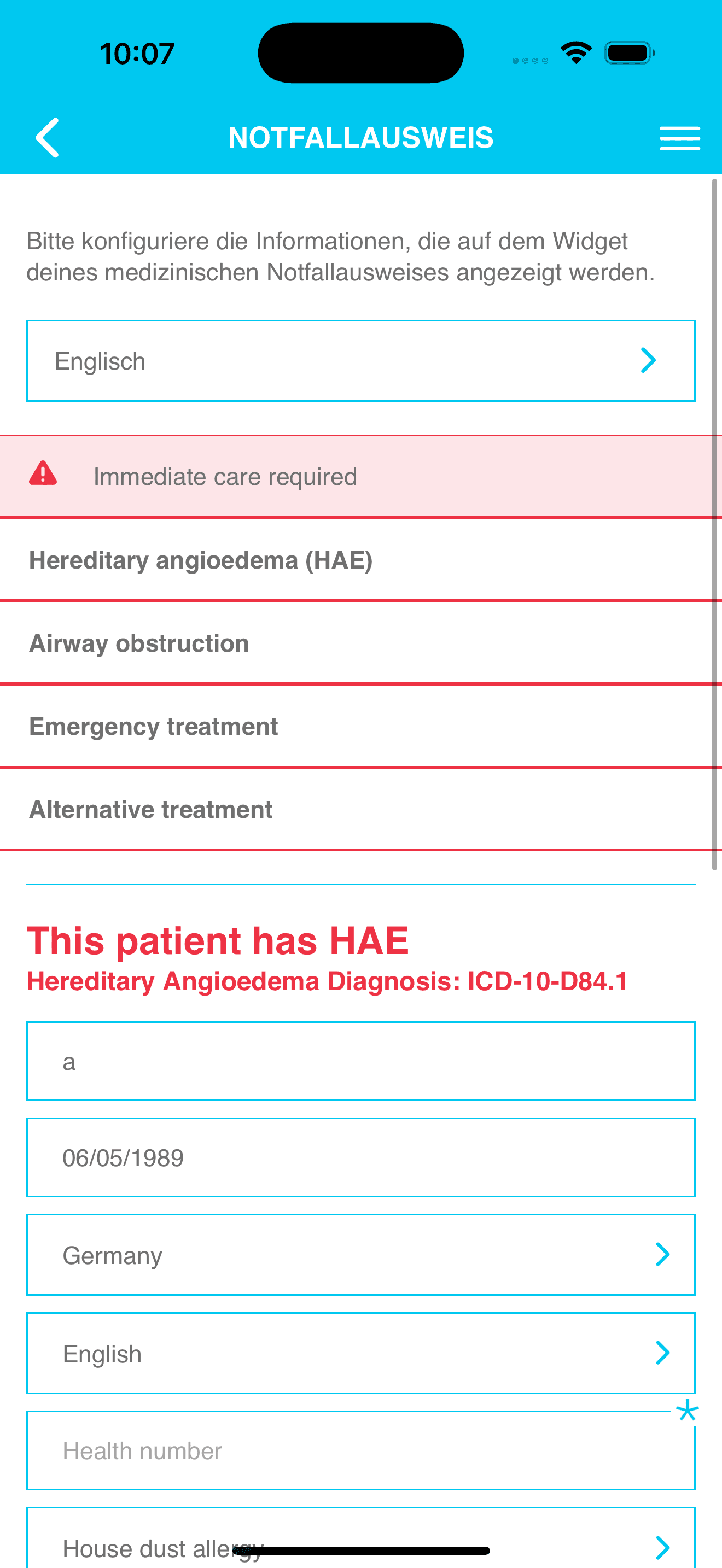 Anonymisierte iOS-Notfallausweis-Ansicht einer HAE-Patiententagebuch-App