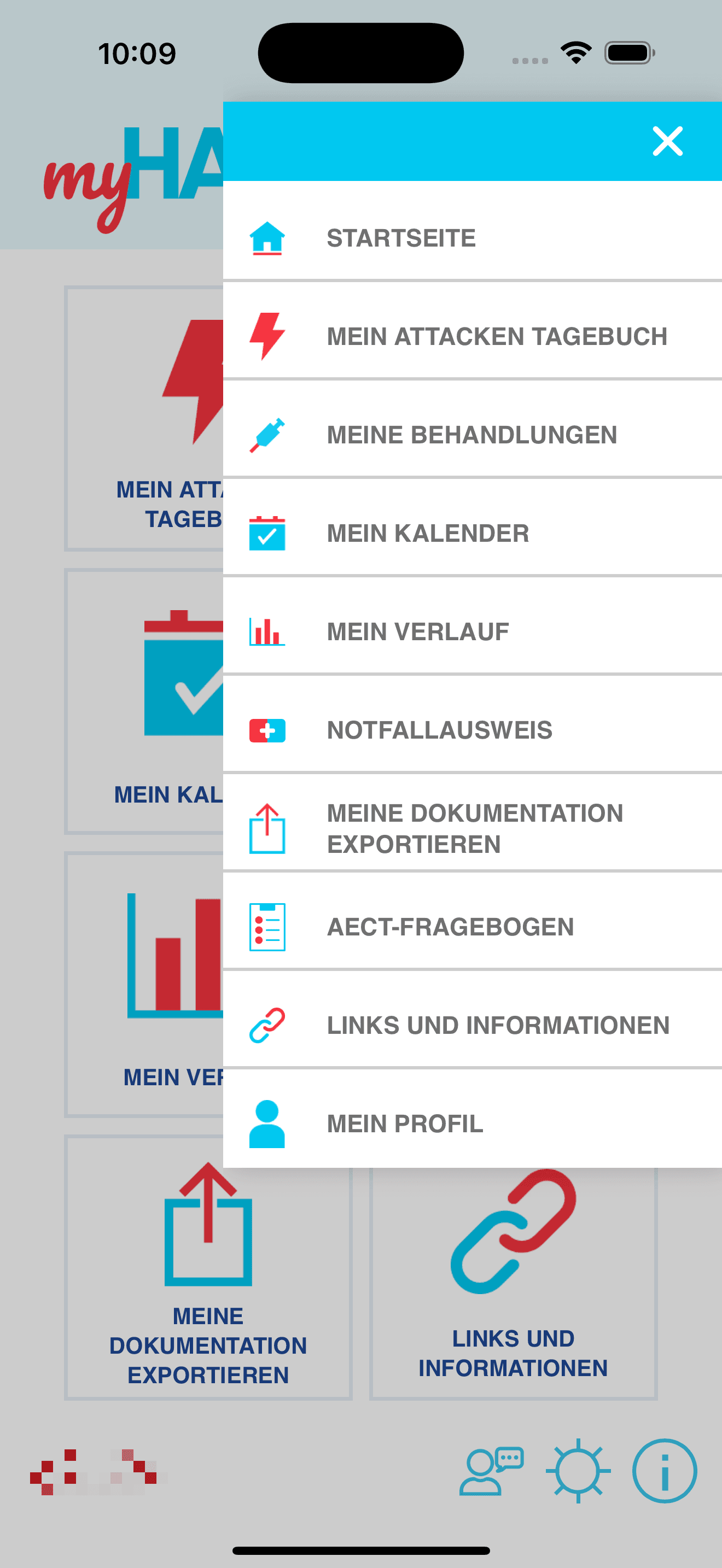 Anonymisierte iOS-Home-Ansicht mit geöffnetem Seitenmenü einer HAE-Patiententagebuch-App