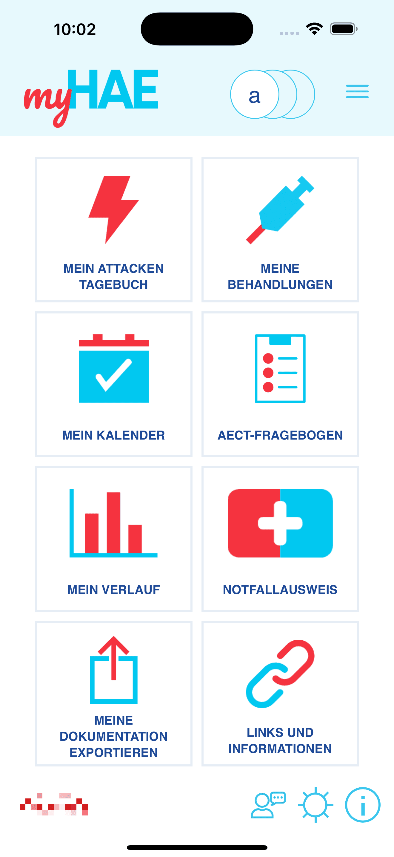 Anonymisierte iOS-Home-Ansicht einer HAE-Patiententagebuch-App