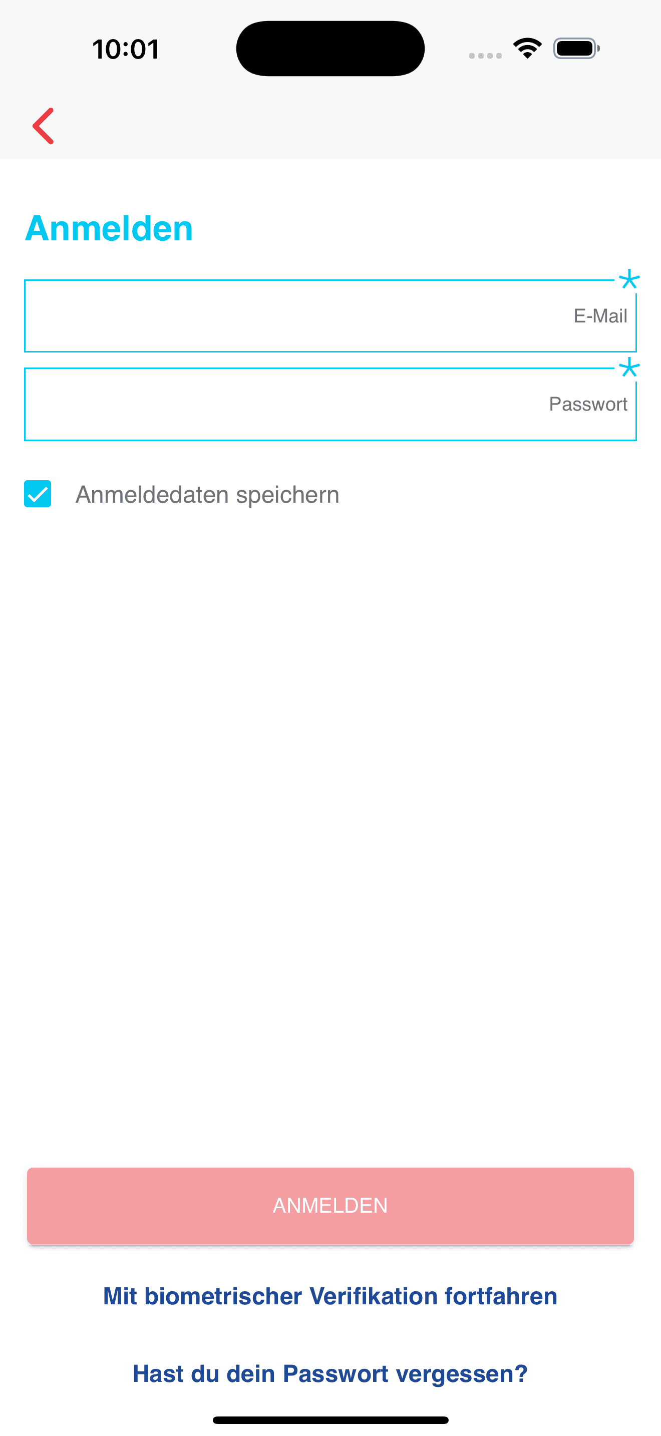 Anonymisierte iOS-E-Mail- und Passwort-Login-Ansicht einer HAE-Patiententagebuch-App