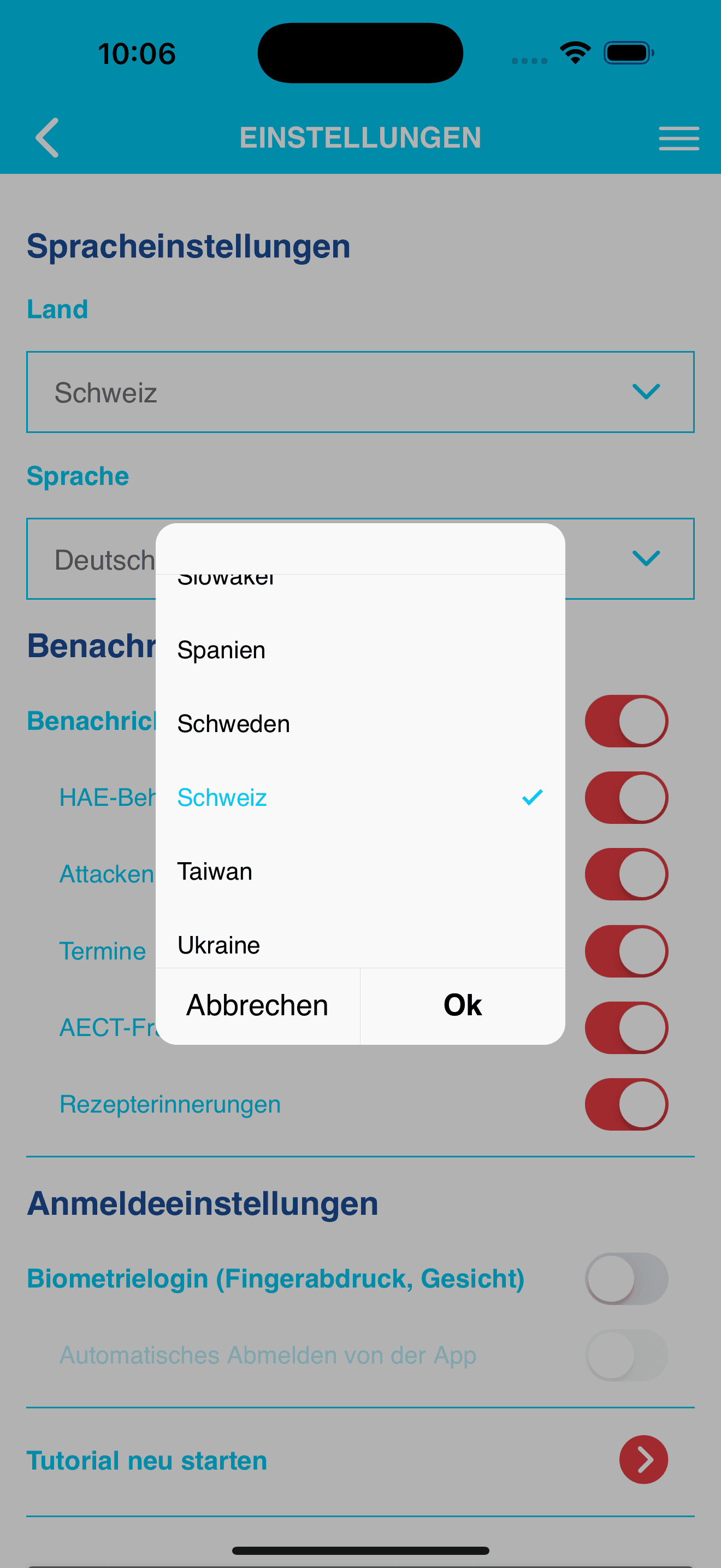Anonymisierte iOS-Länderauswahlliste in den Einstellungen einer HAE-Patiententagebuch-App