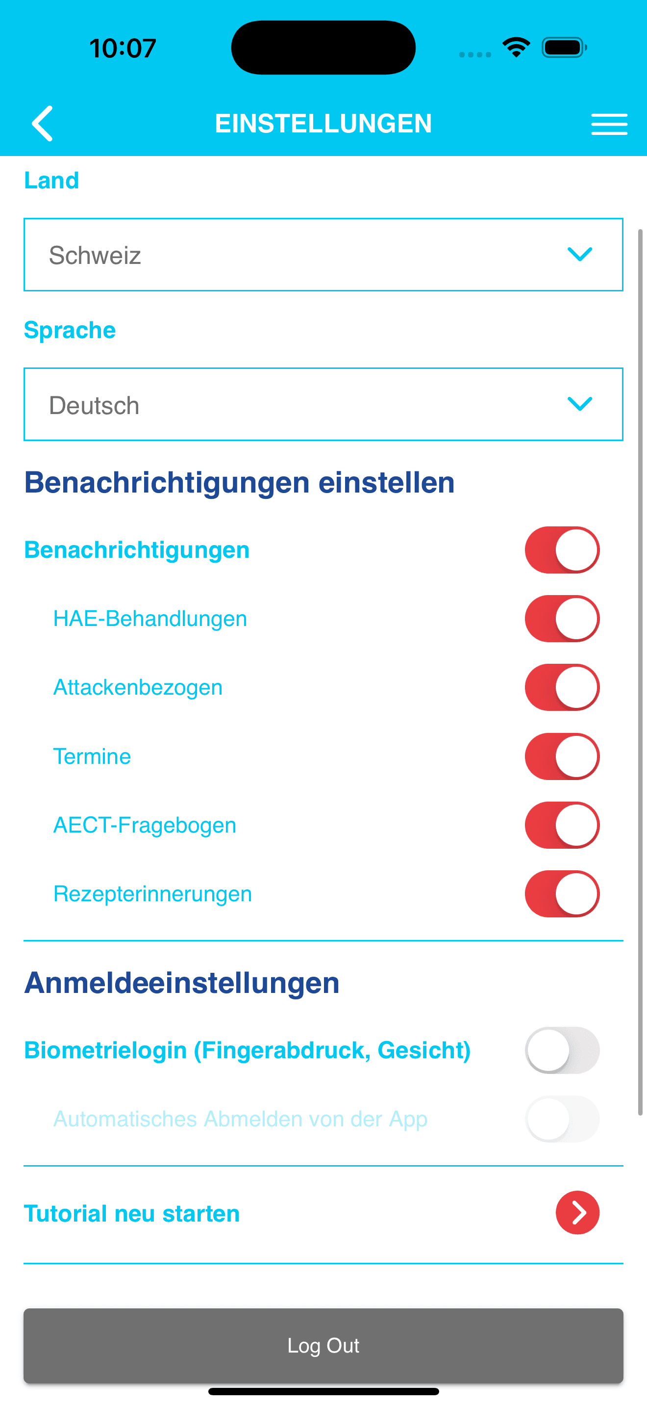 Anonymisierte iOS-Einstellungsansicht einer HAE-Patiententagebuch-App