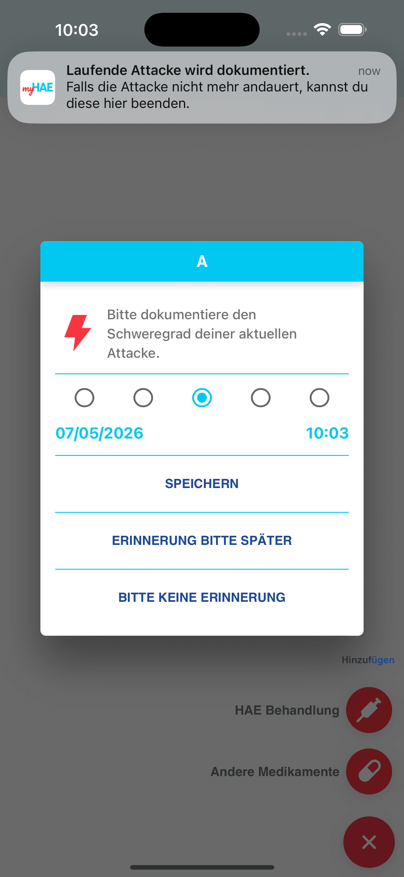 Anonymisiertes iOS-Local-Notification-Popup zur Schweregrad-Dokumentation