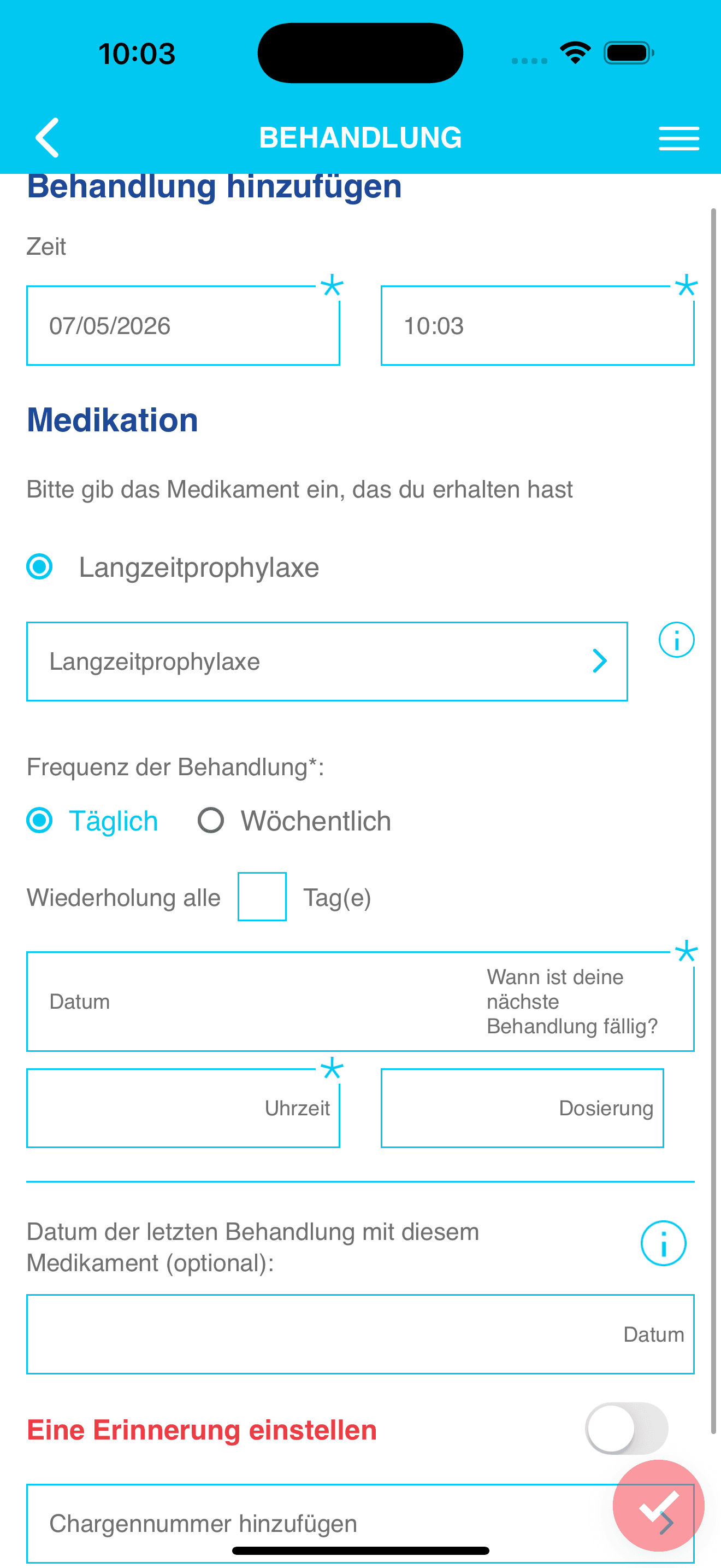 Anonymisierte iOS-Behandlung-hinzufuegen-Ansicht für Langzeitprophylaxe