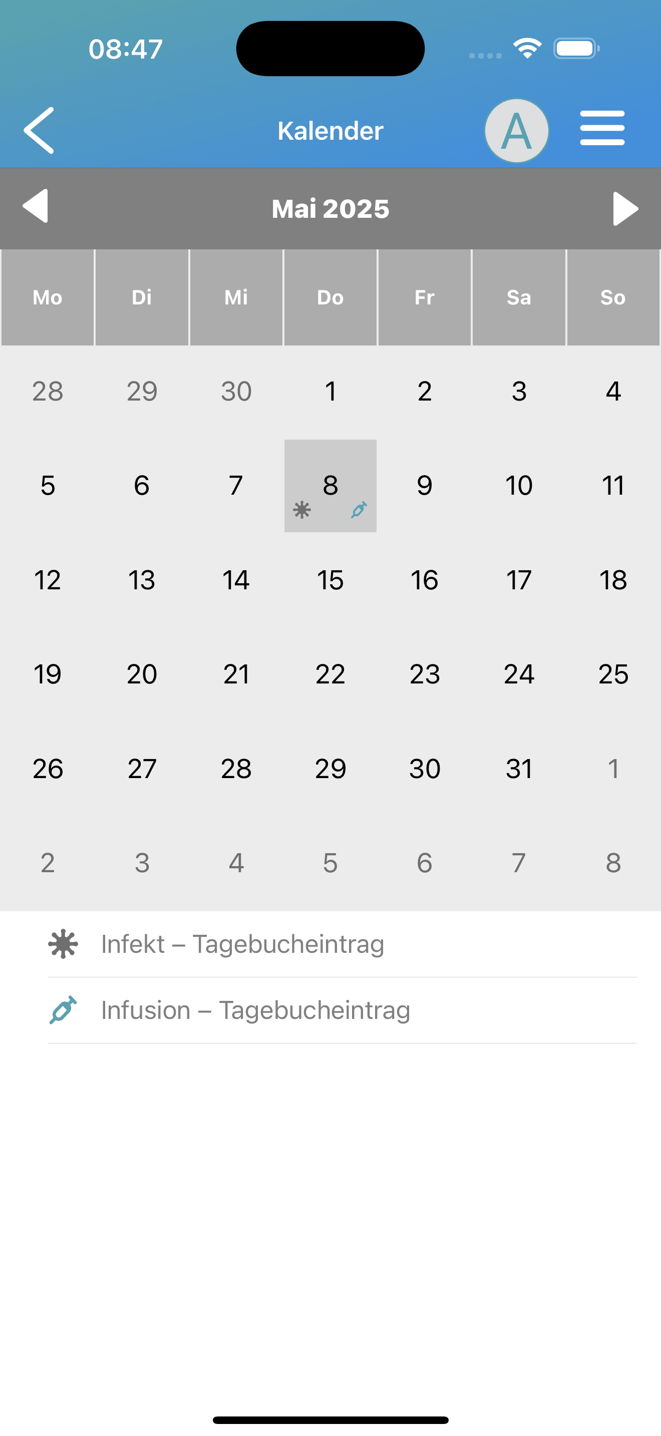 Anonymized iOS calendar screen showing infection and infusion entries on selected dates