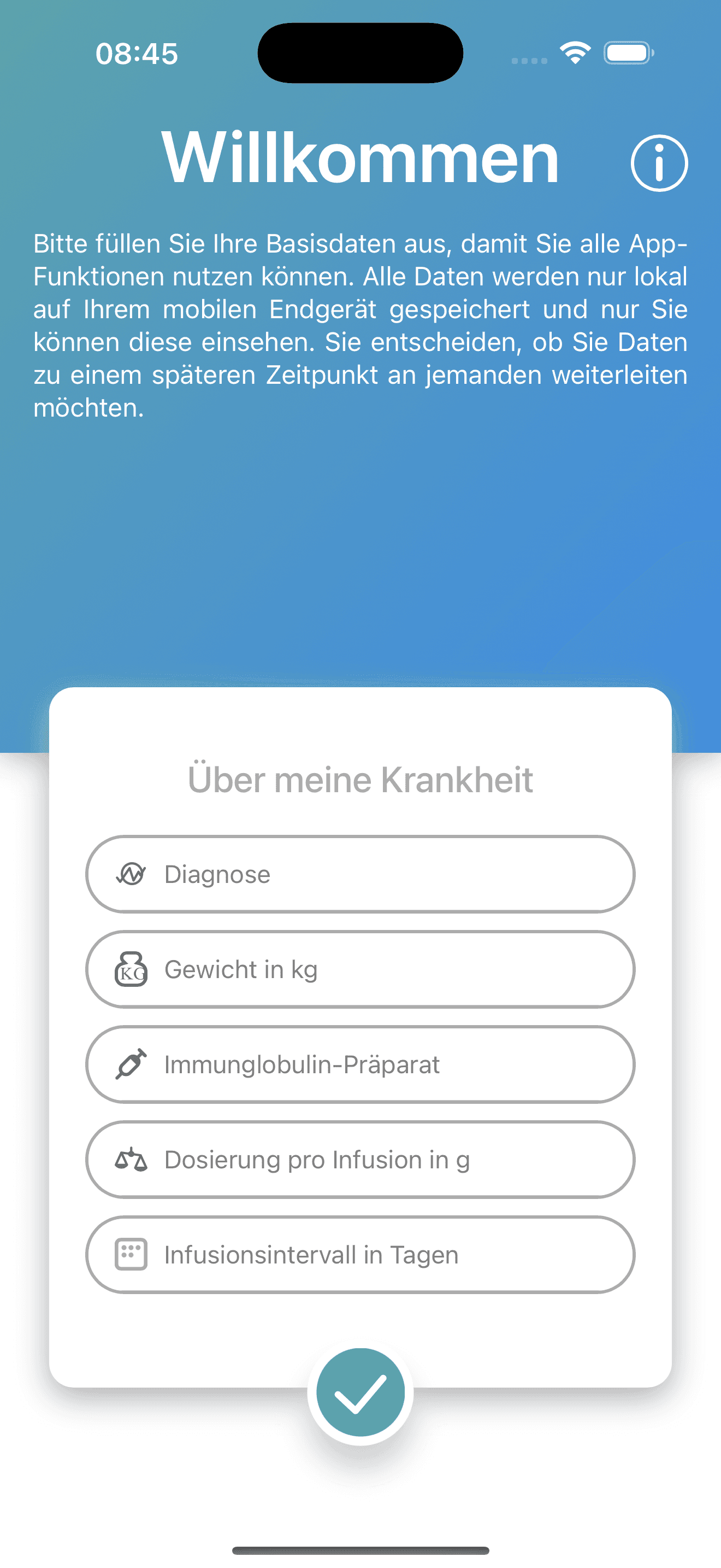 Anonymized iOS disease profile setup screen with diagnosis weight immunoglobulin preparation dose and infusion interval