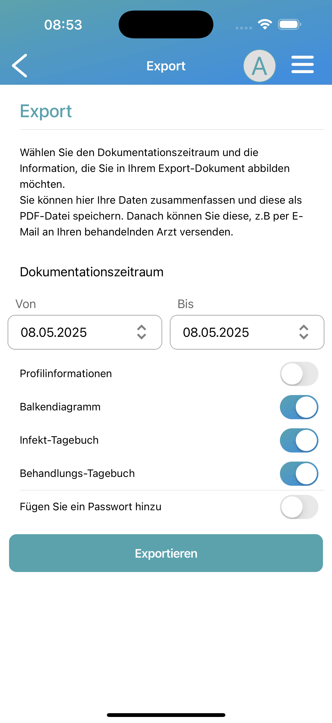 Anonymized iOS export screen with PDF password date range and selectable export categories