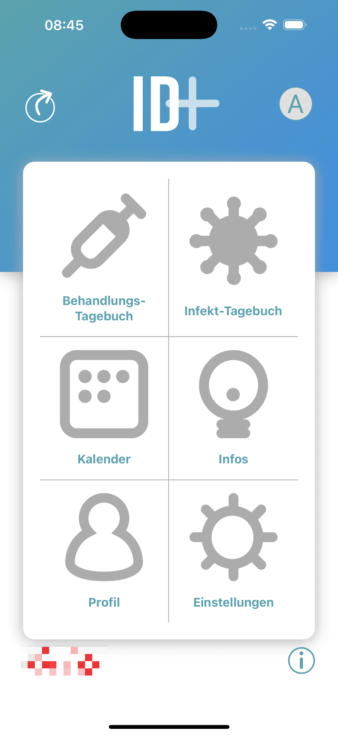 Anonymized iOS home screen showing core functions in an immunology patient diary app