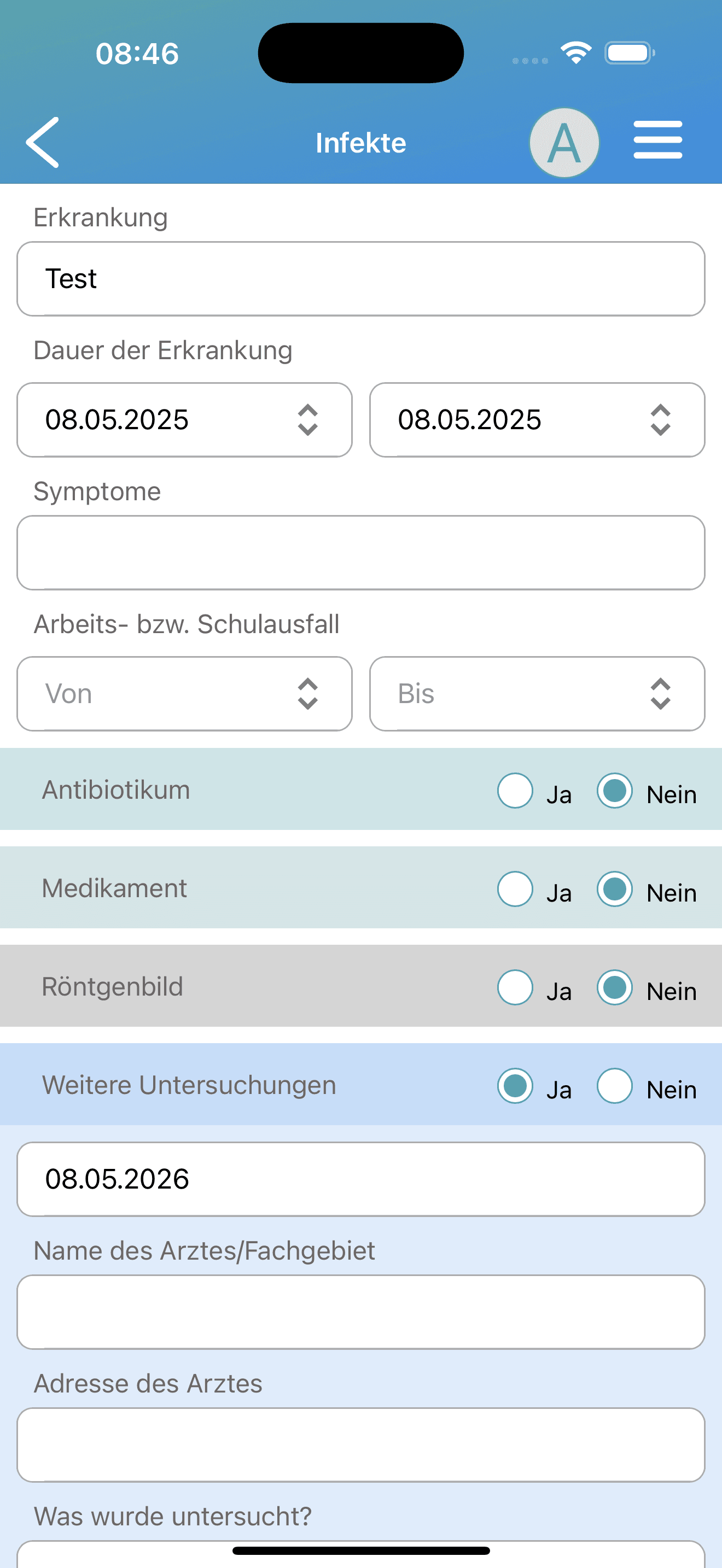 Anonymized iOS infection entry screen with illness duration symptoms absence antibiotics medication X-ray and examinations