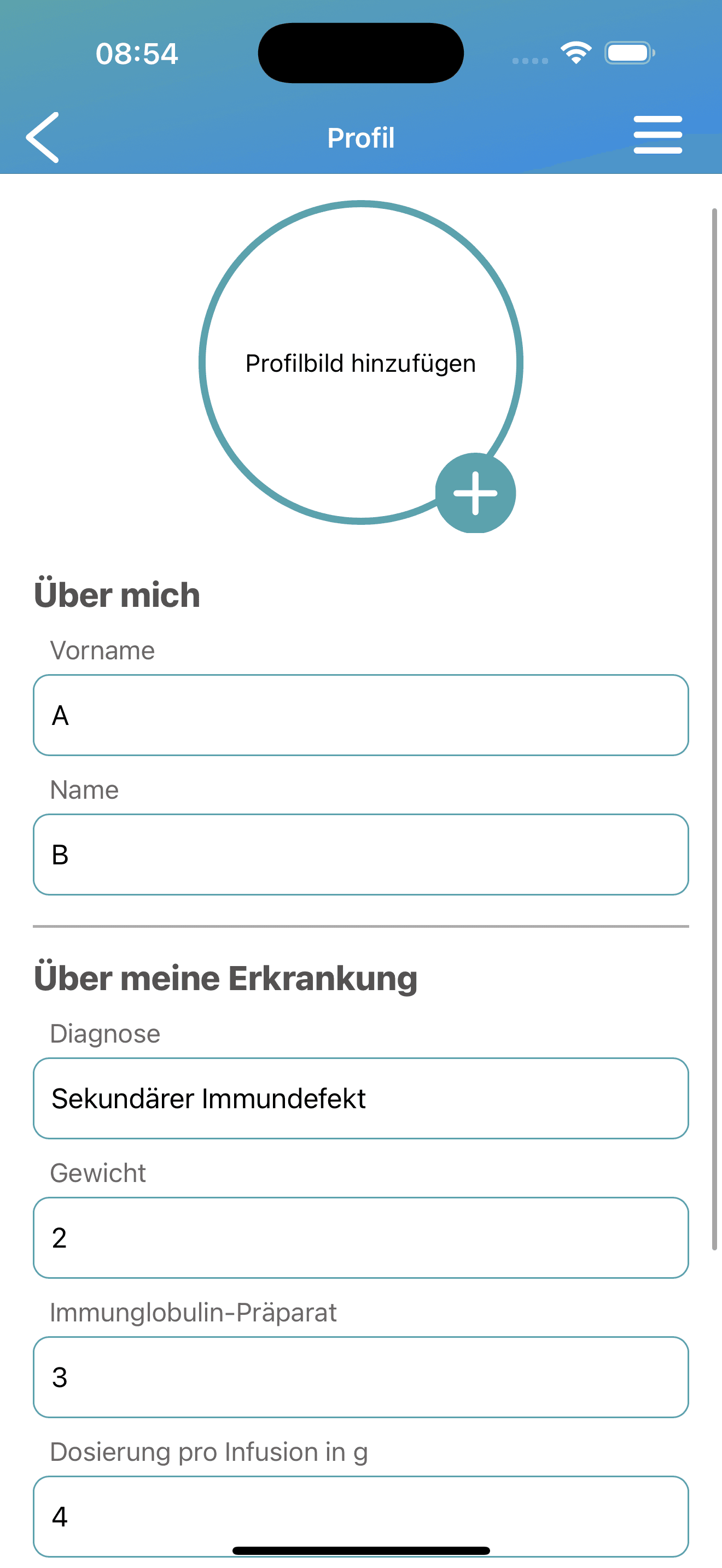 Anonymized iOS profile edit screen for patient data in an immunology diary app
