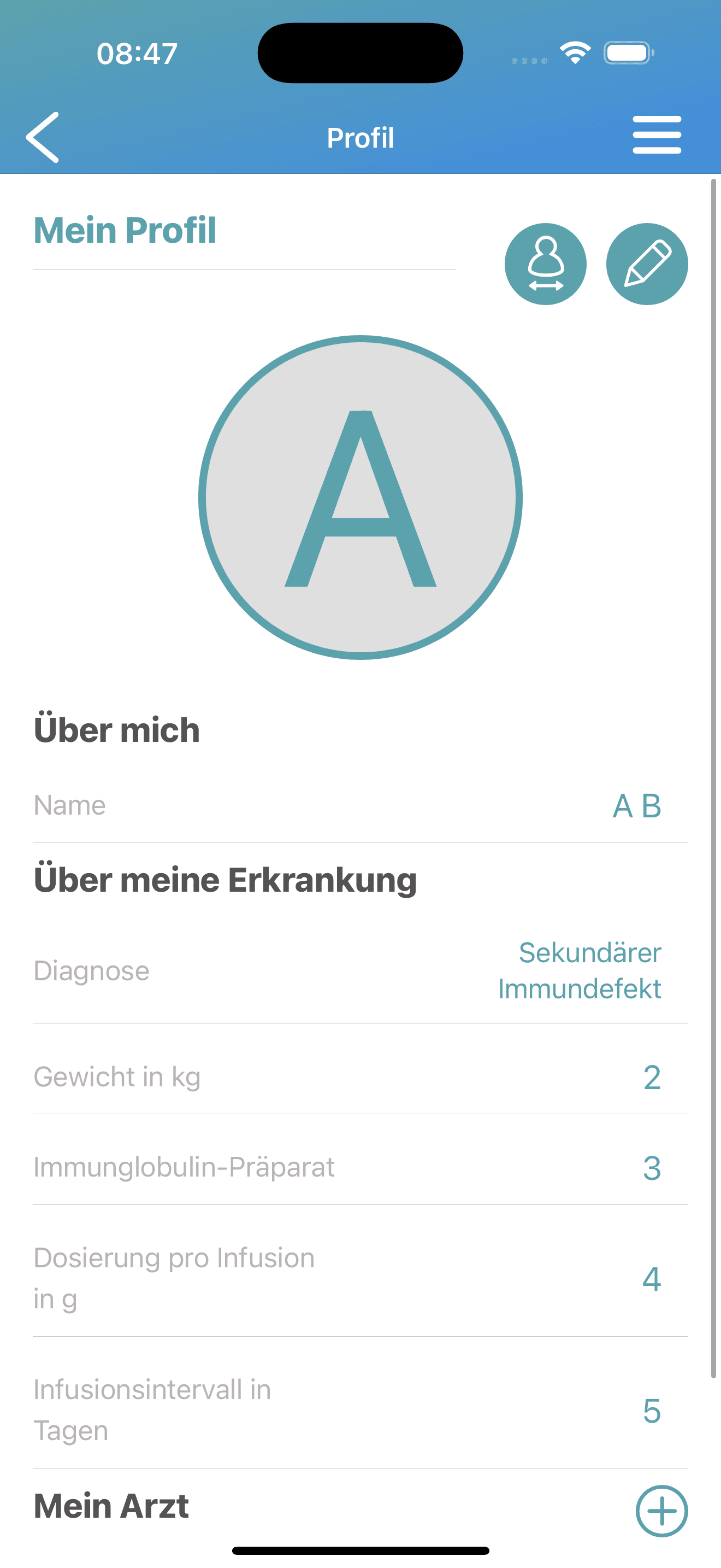 Anonymized iOS profile overview screen in an immunology patient diary app