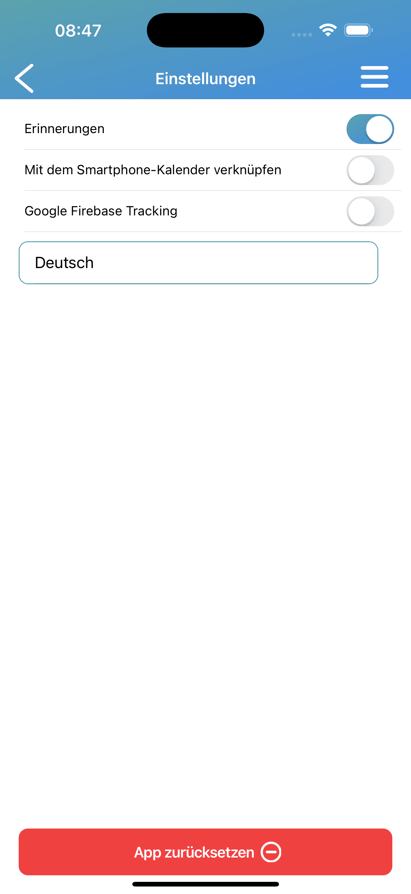 Anonymized iOS settings screen with language notifications system calendar sync and Firebase tracking controls
