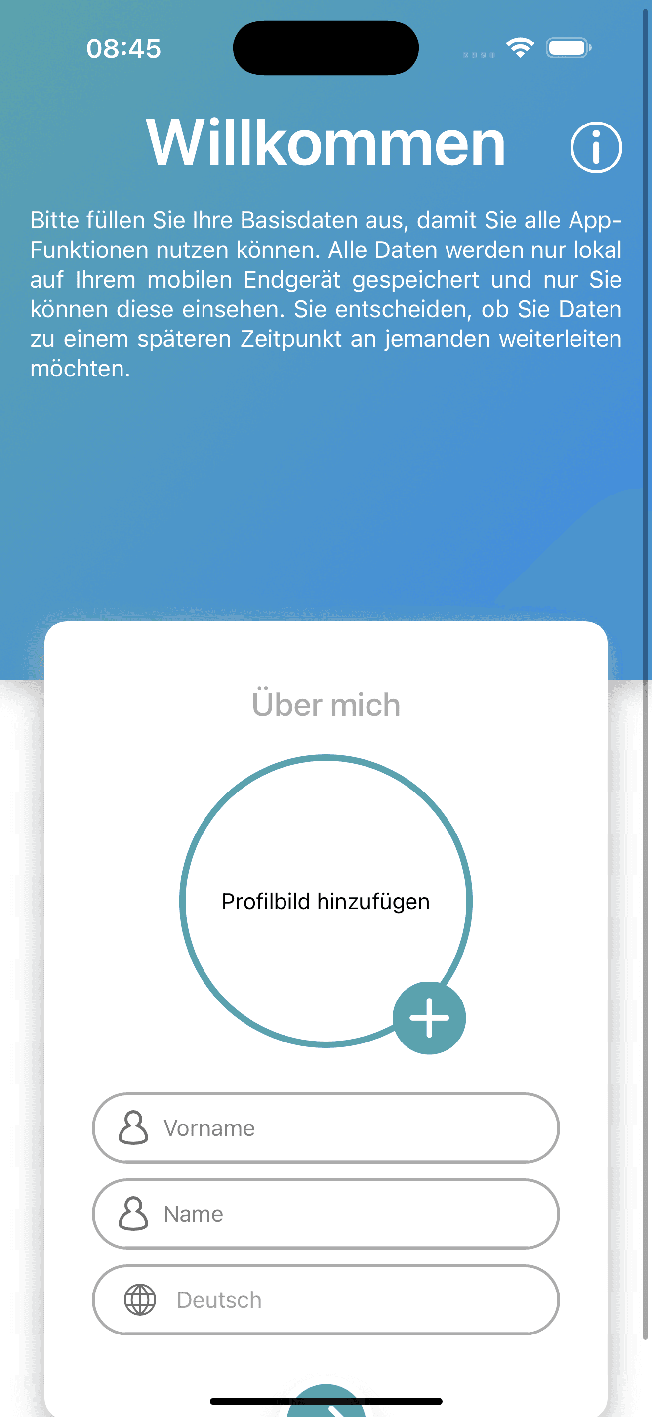 Anonymized iOS welcome screen for profile photo name and language setup in an immunology diary app