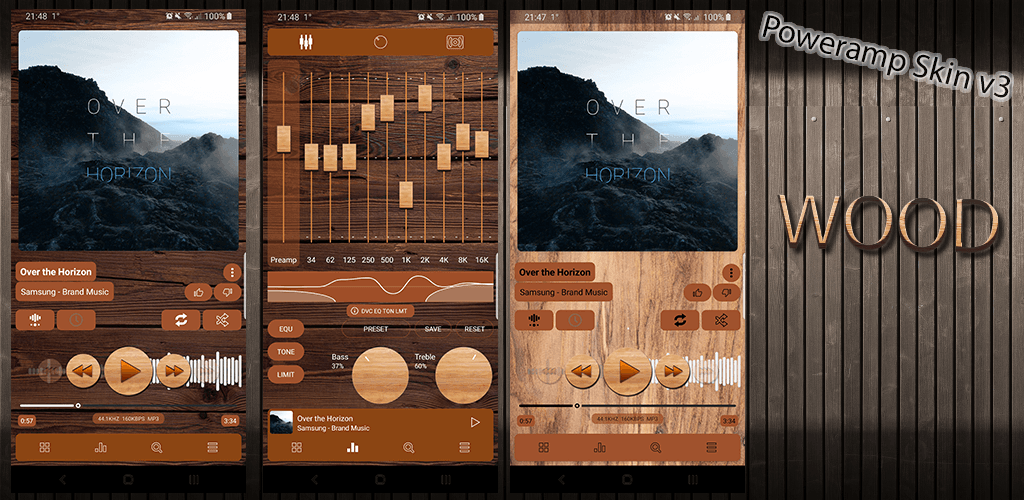 Poweramp-v3-Skin-Feature-Grafik mit alternativer custom Android-Player-Oberfläche