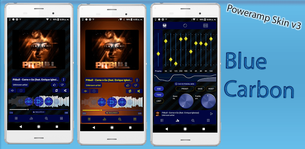 Poweramp-v3-Skin-Feature-Grafik mit custom Playback Controls und Player-Flächen