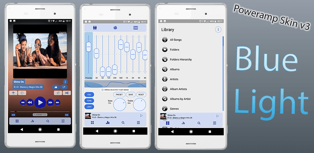 Poweramp-v3-Android-Skin-Feature-Grafik mit custom Farben und Music-Player-Layout