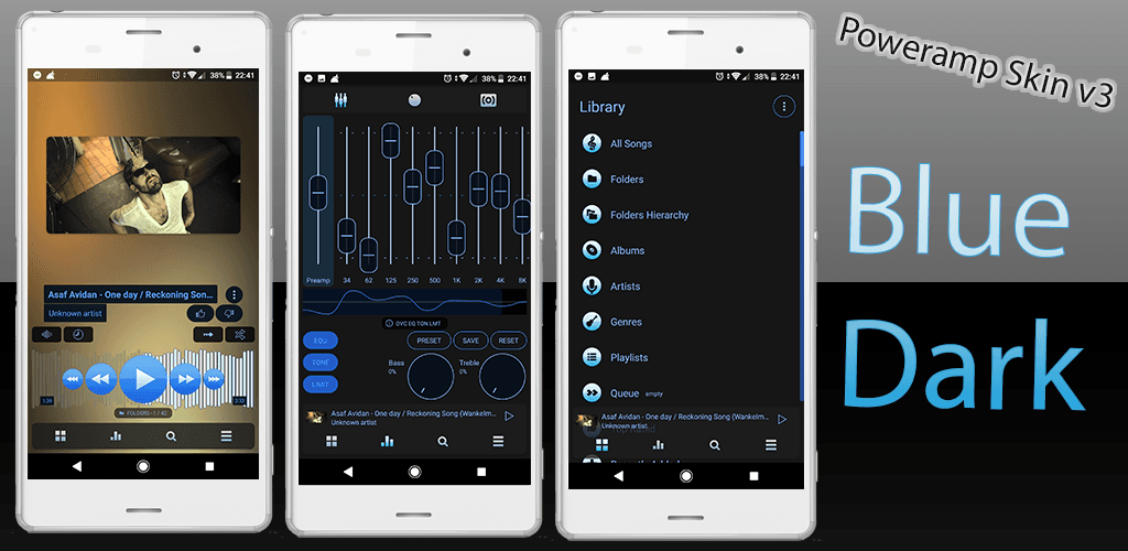 Poweramp-v3-Skin-Feature-Grafik mit Premium-Android-Audio-Player-Theme