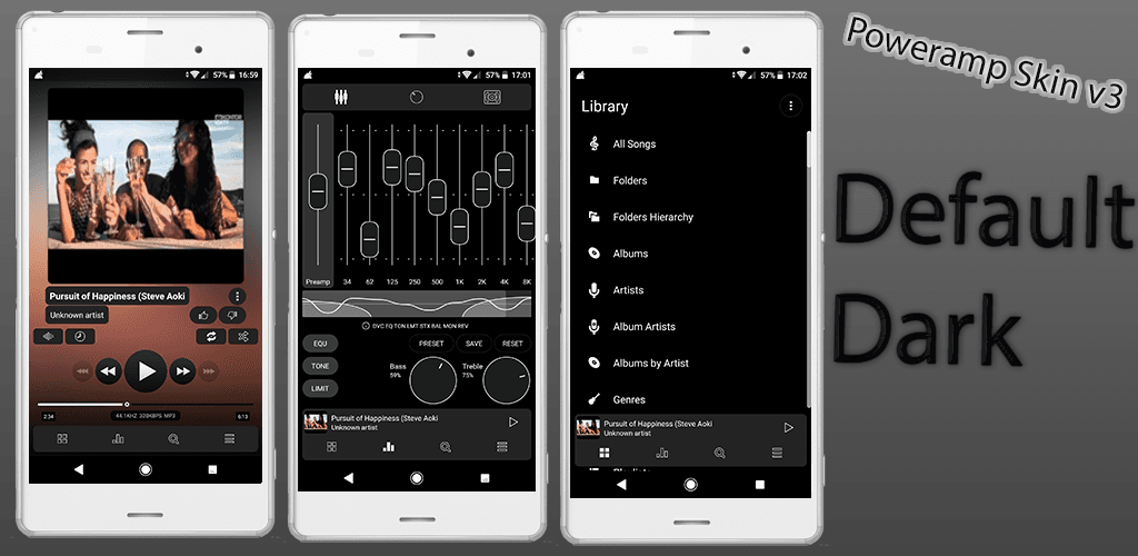 Poweramp-v3-Skin-Feature-Grafik mit custom Seekbar- und Visualizer-Styling