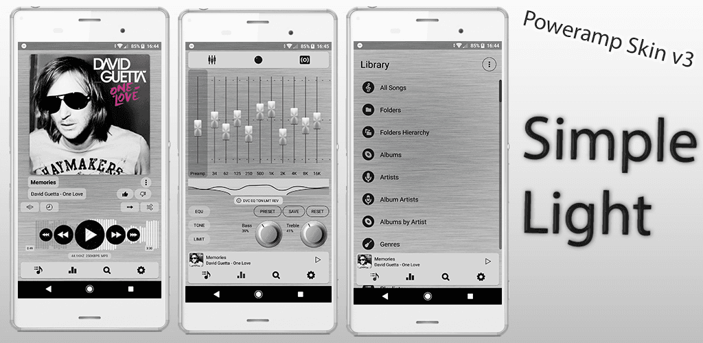 Poweramp-v3-Skin-Feature-Grafik für ein dunkles Android-Music-Player-UI-Theme